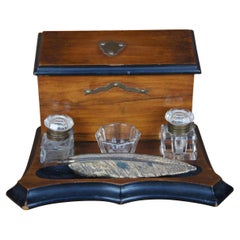 Antique 19th Century Victorian Walnut Double Inkwell Desk Letter Box Stand