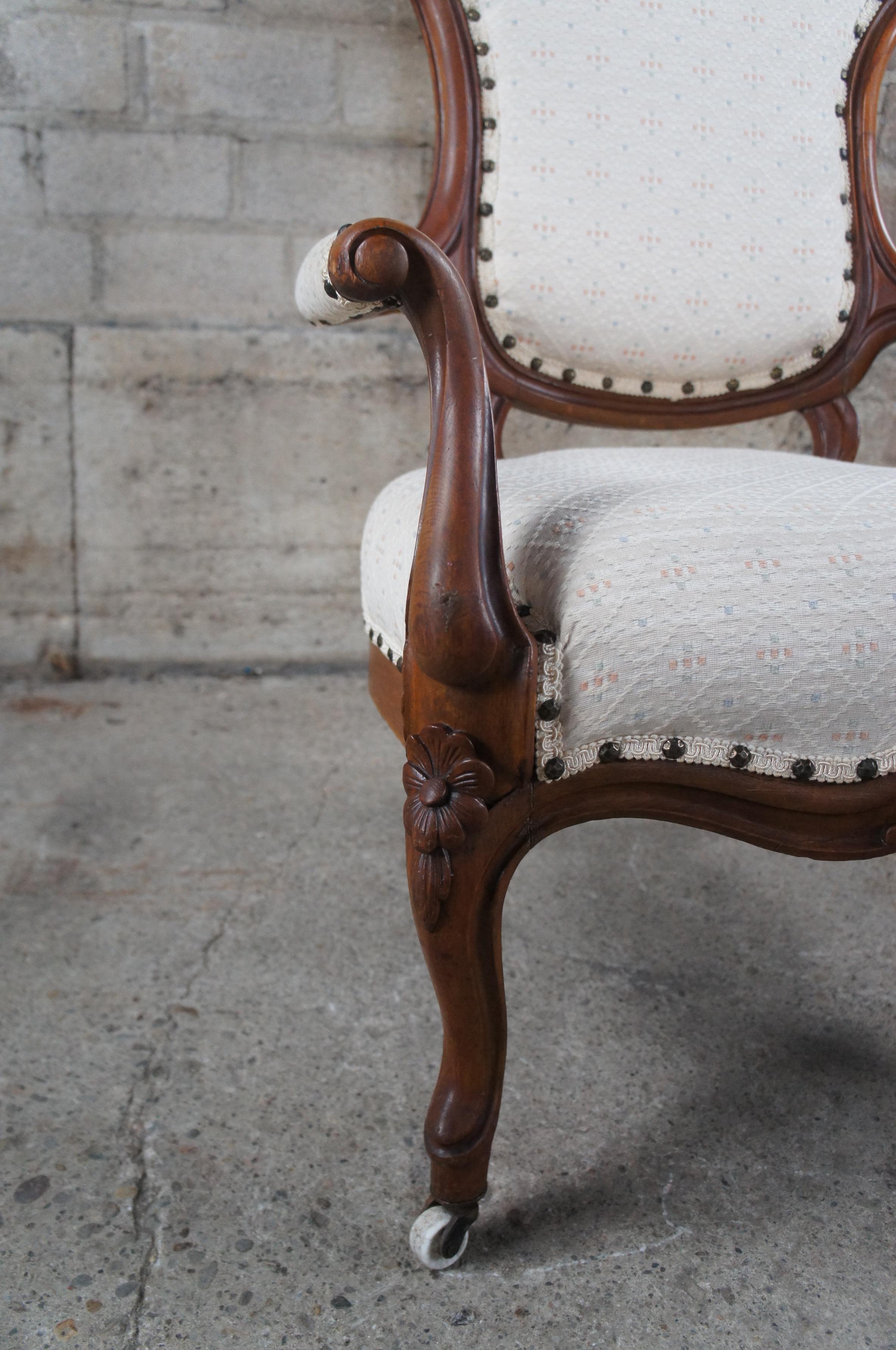 Antique 19th Century Victorian Walnut Floral Carved Spoon Back Parlor Armchair 6