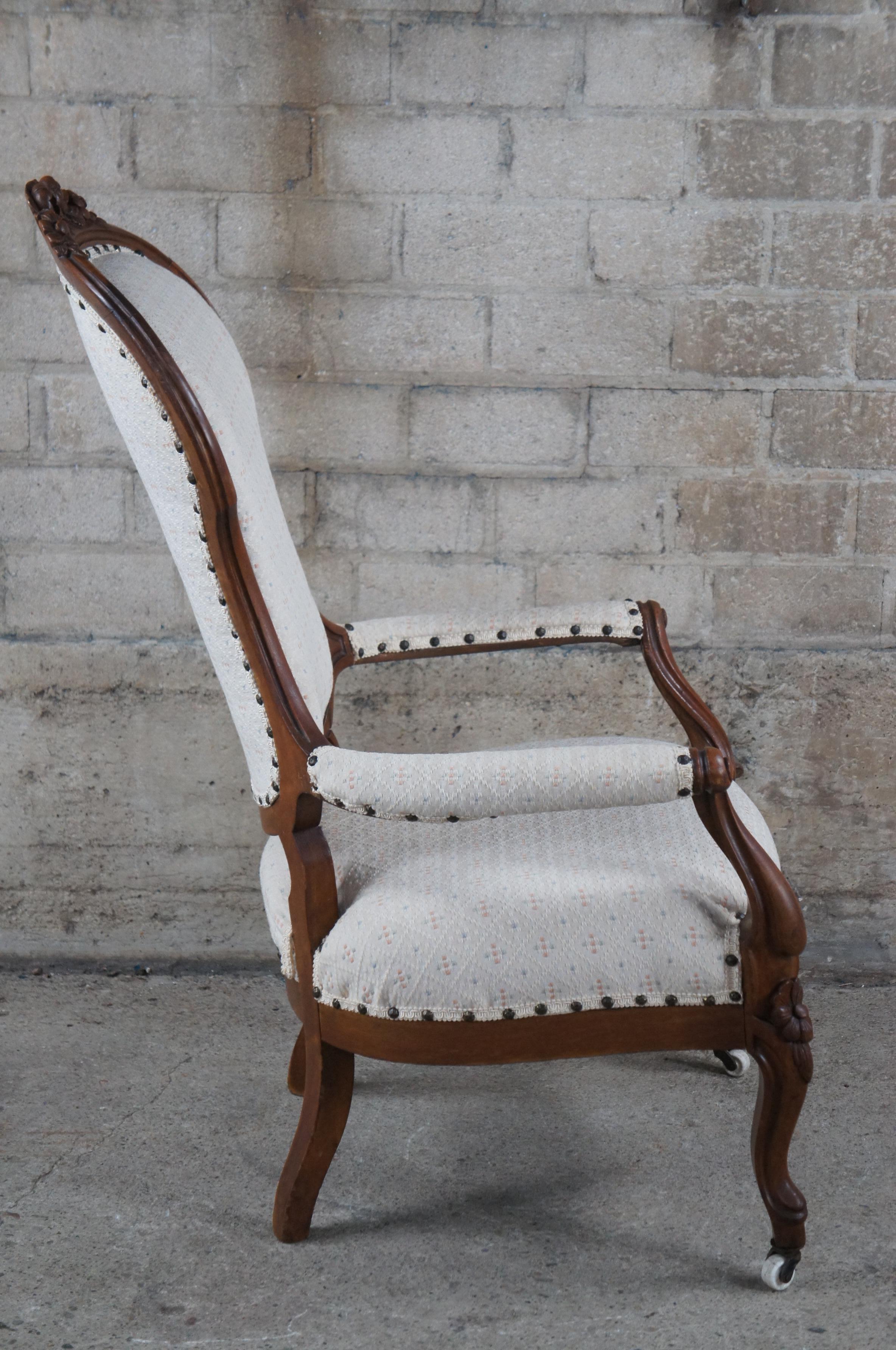 Upholstery Antique 19th Century Victorian Walnut Floral Carved Spoon Back Parlor Armchair