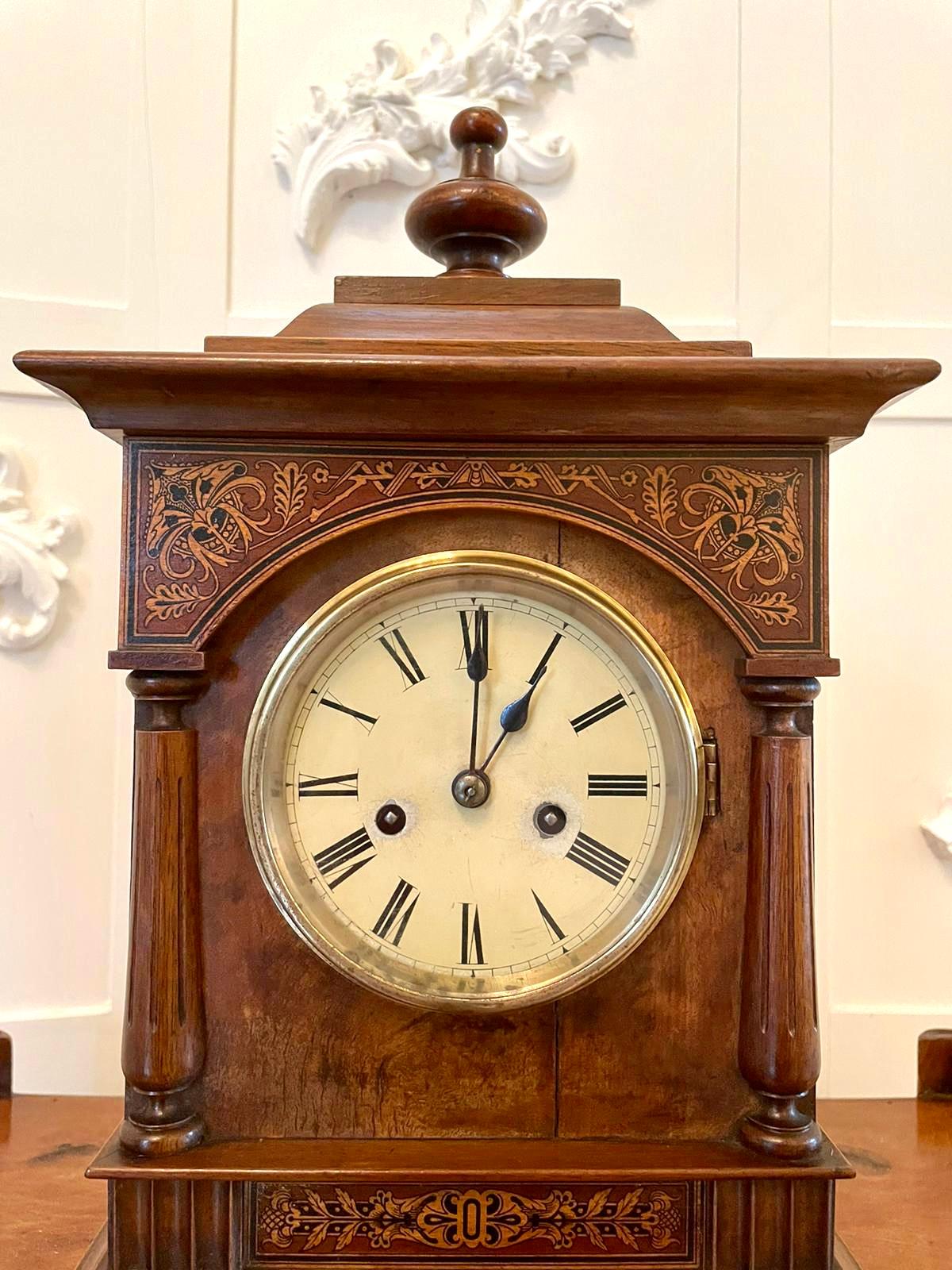 English Antique 19th Century Victorian Walnut Inlaid Eight Day Mantel Clock