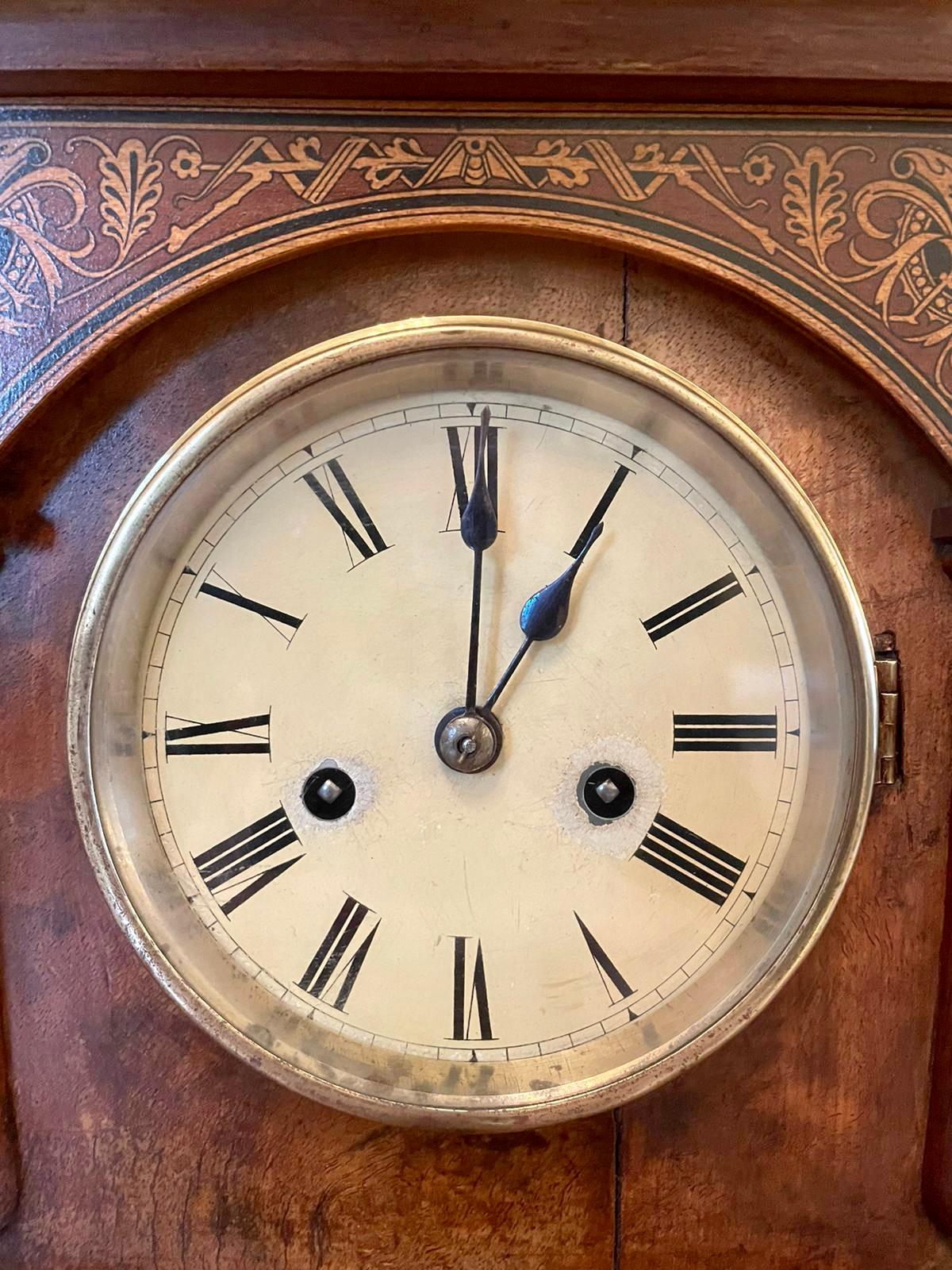 Inlay Antique 19th Century Victorian Walnut Inlaid Eight Day Mantel Clock