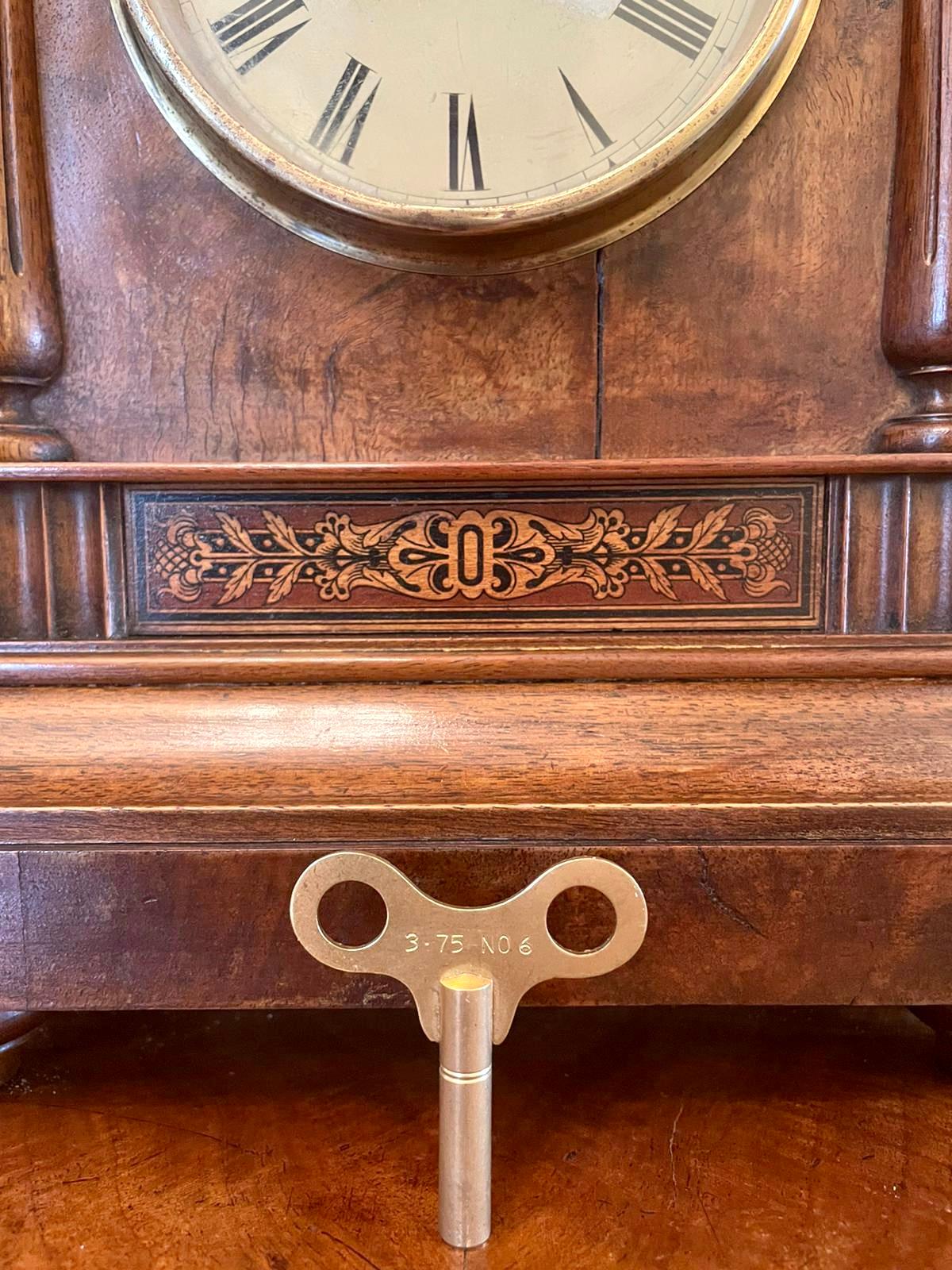 Antique 19th Century Victorian Walnut Inlaid Eight Day Mantel Clock 2