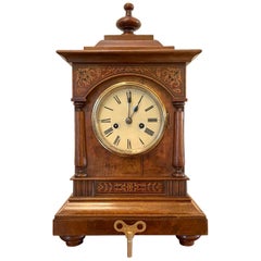Antique 19th Century Victorian Walnut Inlaid Eight Day Mantel Clock
