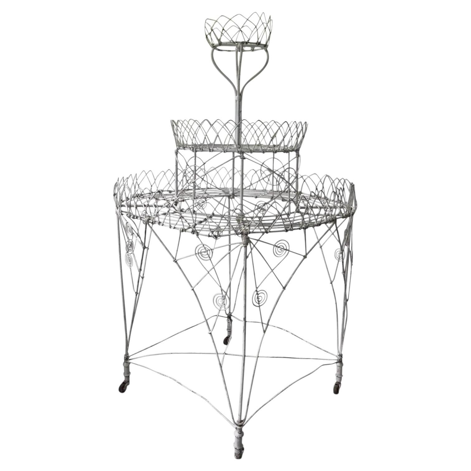 Antique 19th century Victorian Wire Garden Plant Stand Round with Three Tiers