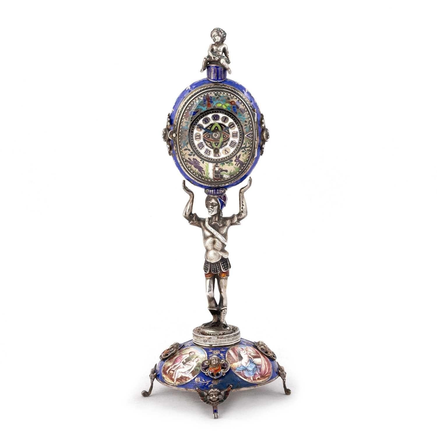 Champlevé Antique 19th Century Viennese Austrian Enamel & Silver Allegorical Desk Clock  For Sale