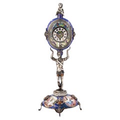 Antique 19th Century Viennese Austrian Enamel & Silver Allegorical Desk Clock 