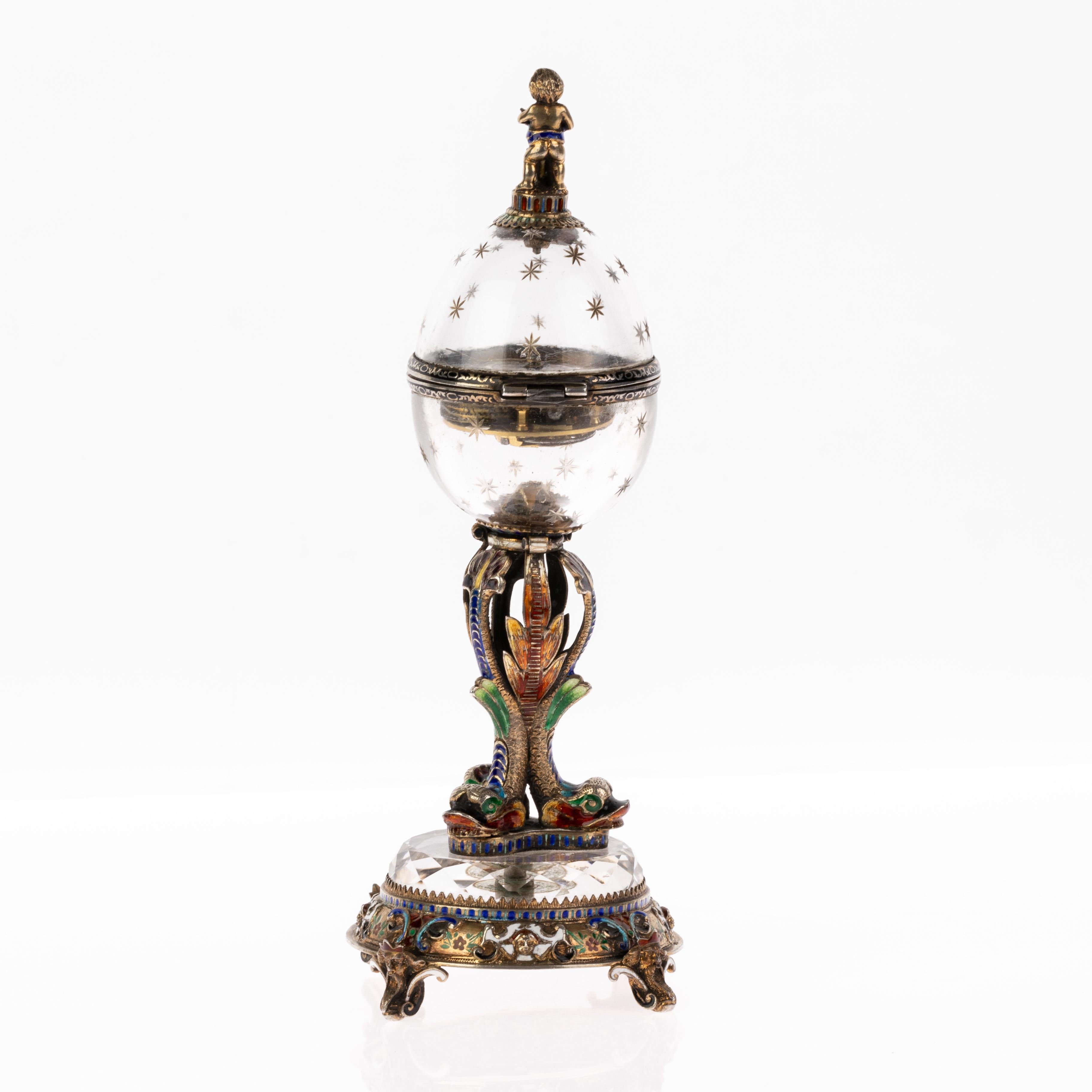Hand-Painted Antique 19th Century Viennese Austrian Enamel & Silver Rock Crystal Desk Clock For Sale