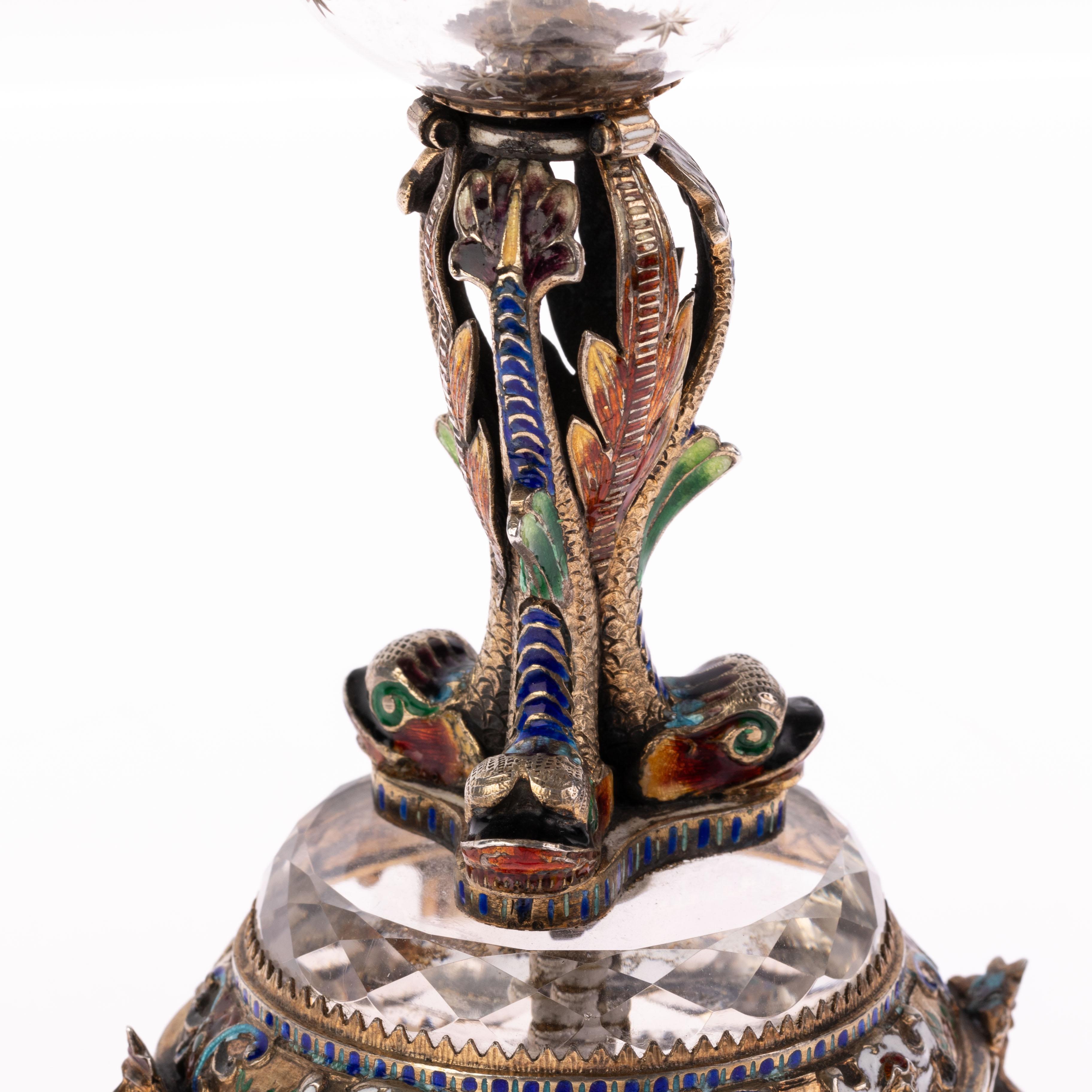 Antique 19th Century Viennese Austrian Enamel & Silver Rock Crystal Desk Clock For Sale 1