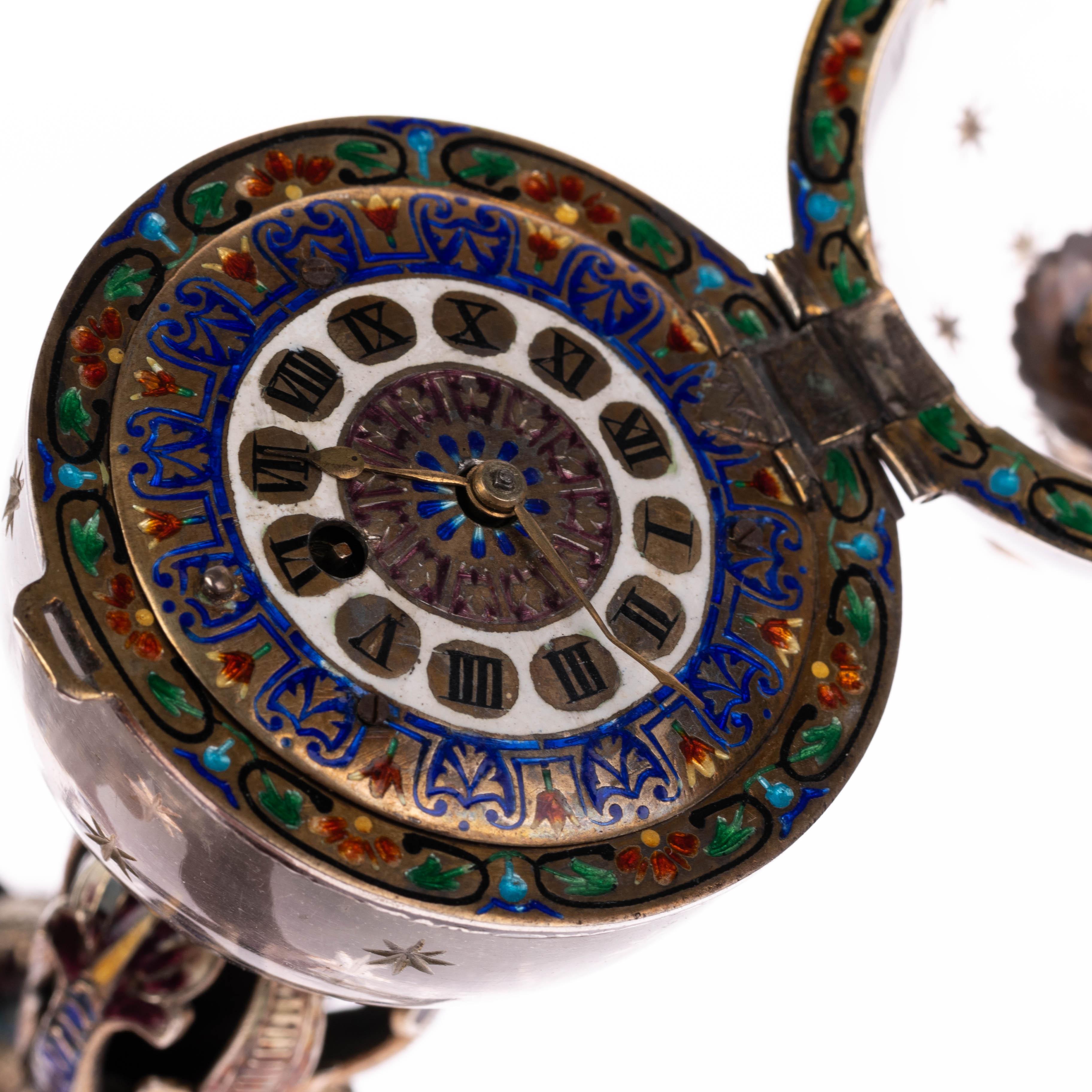 Antique 19th Century Viennese Austrian Enamel & Silver Rock Crystal Desk Clock For Sale 5