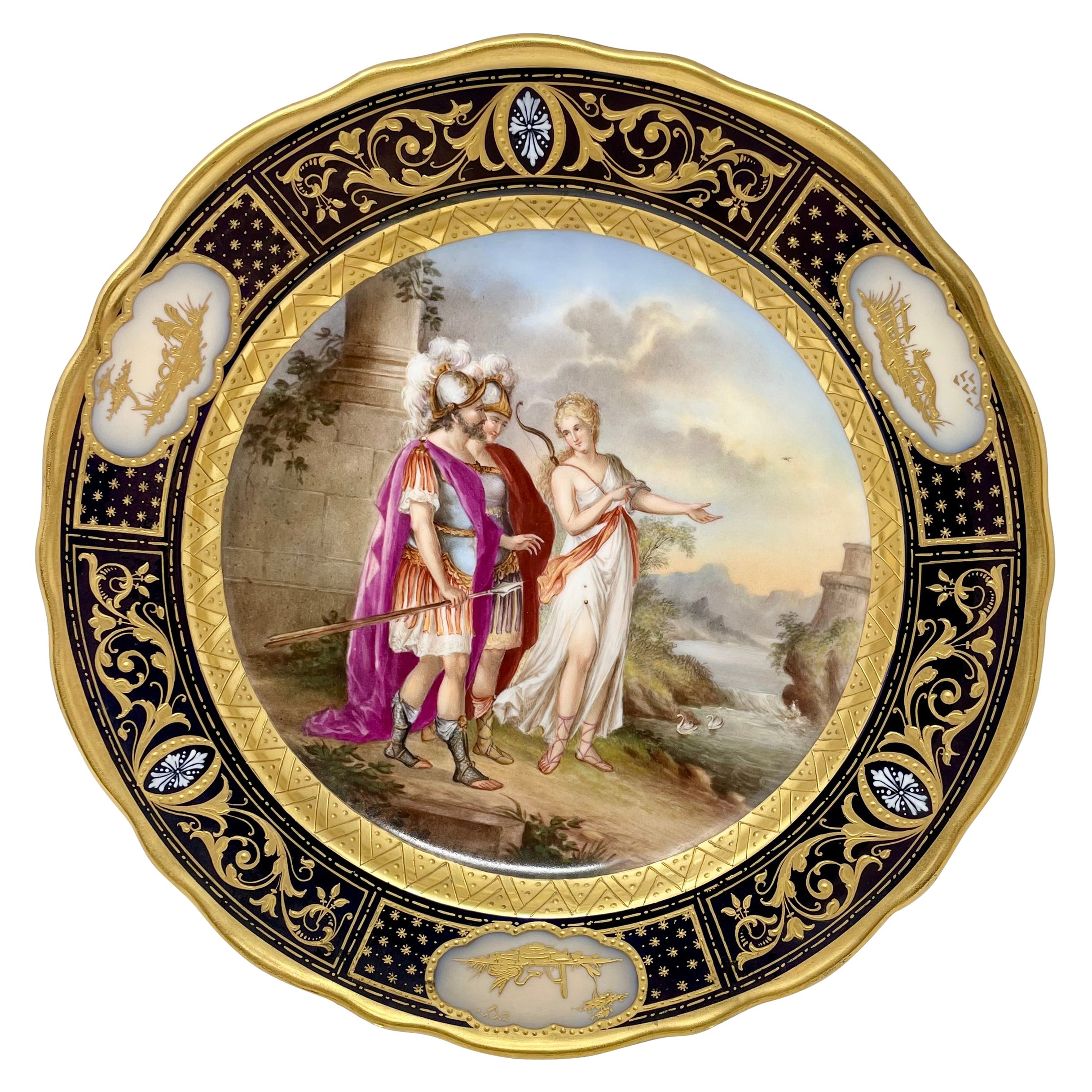 Antique 19th Century Viennese Cobalt & Gold Porcelain Cabinet Plate of "Thetis."