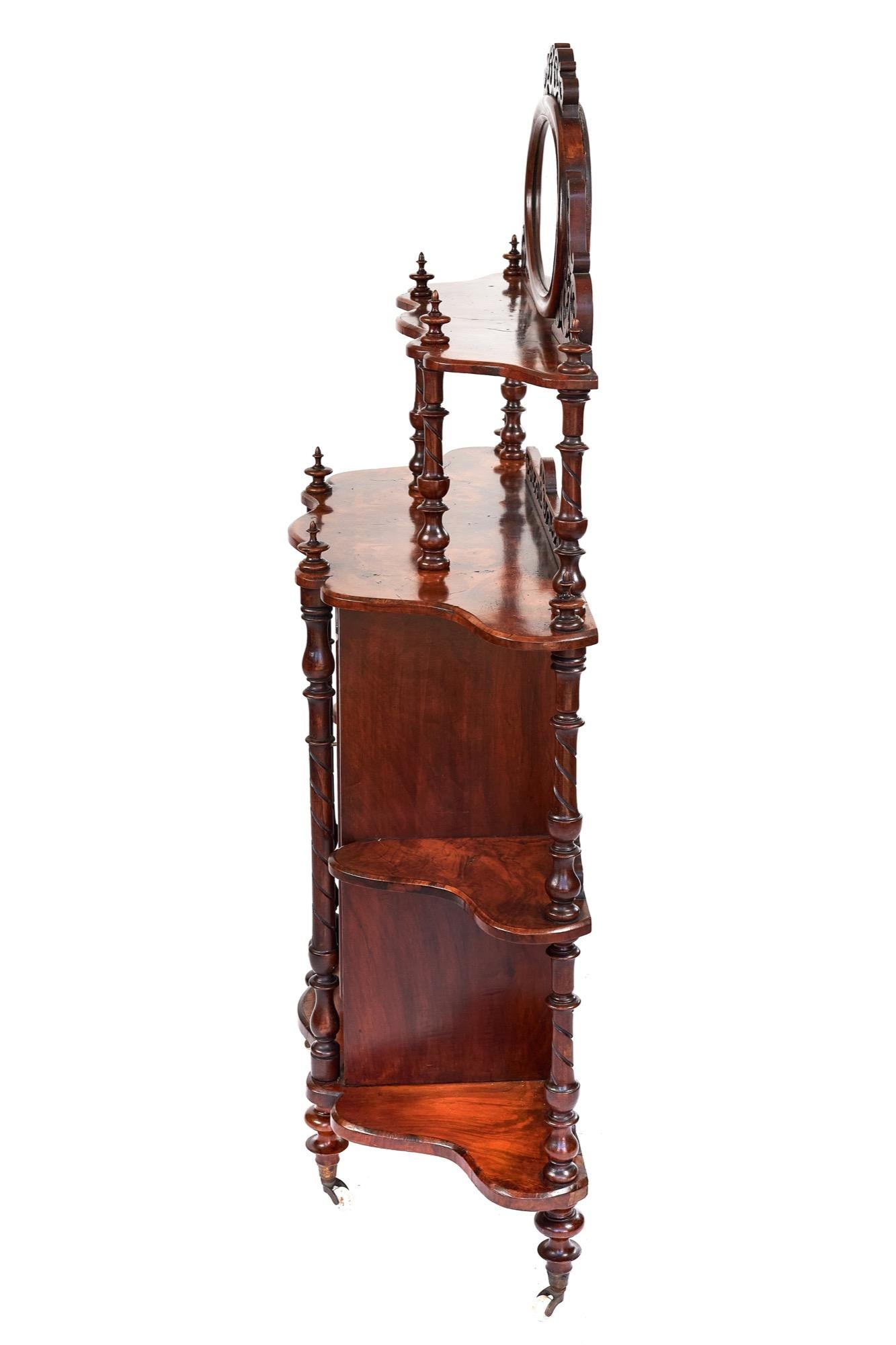 Fretwork Antique 19th Century Walnut 4-Tier Whatnot with Centre Mirrored Cupboard