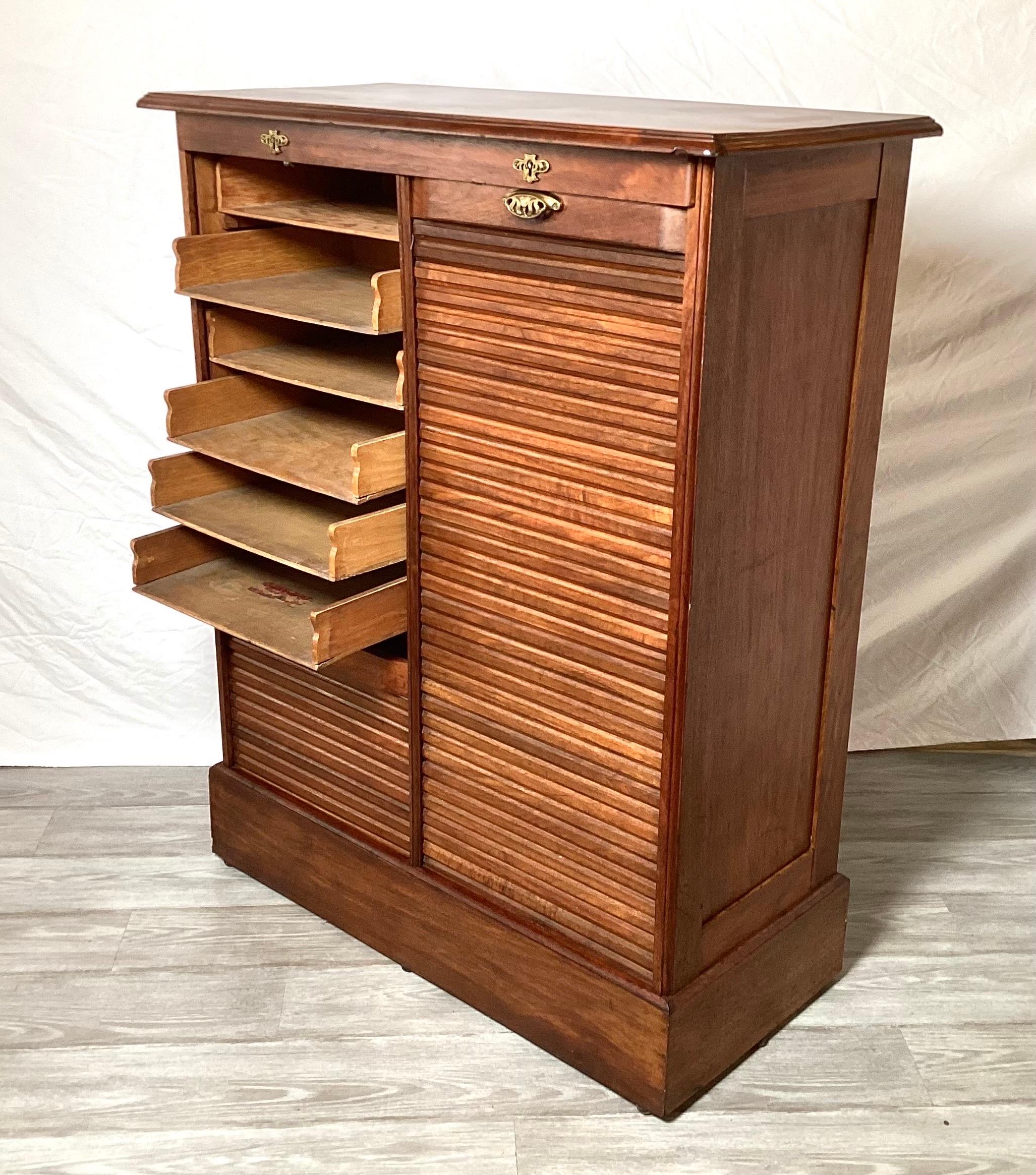 Antique 19th Century Walnut Map with Tambour Doors For Sale at