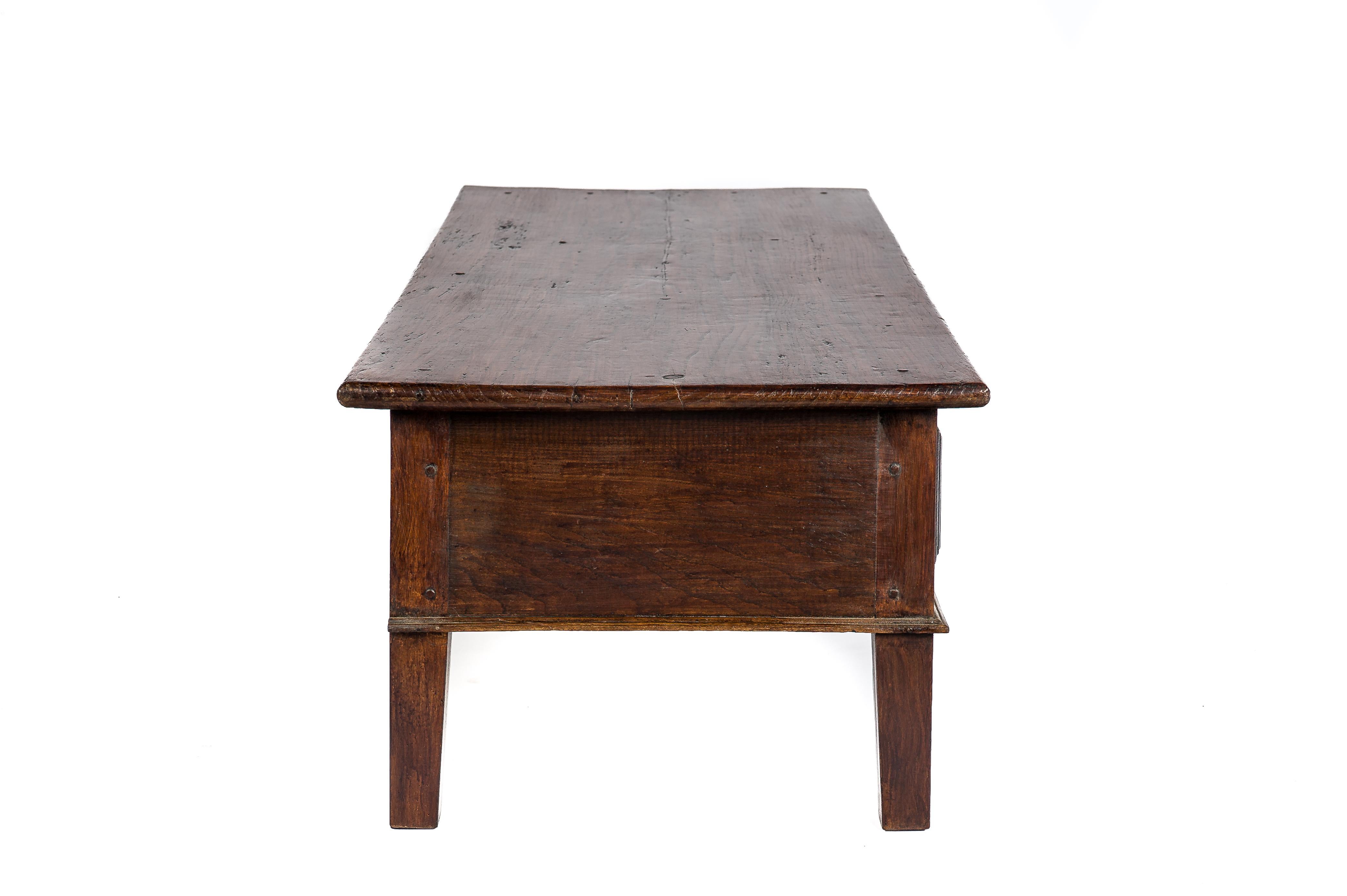Polished Antique 19th Century Warm Brown Three Drawer Elm Spanish Coffee Table For Sale