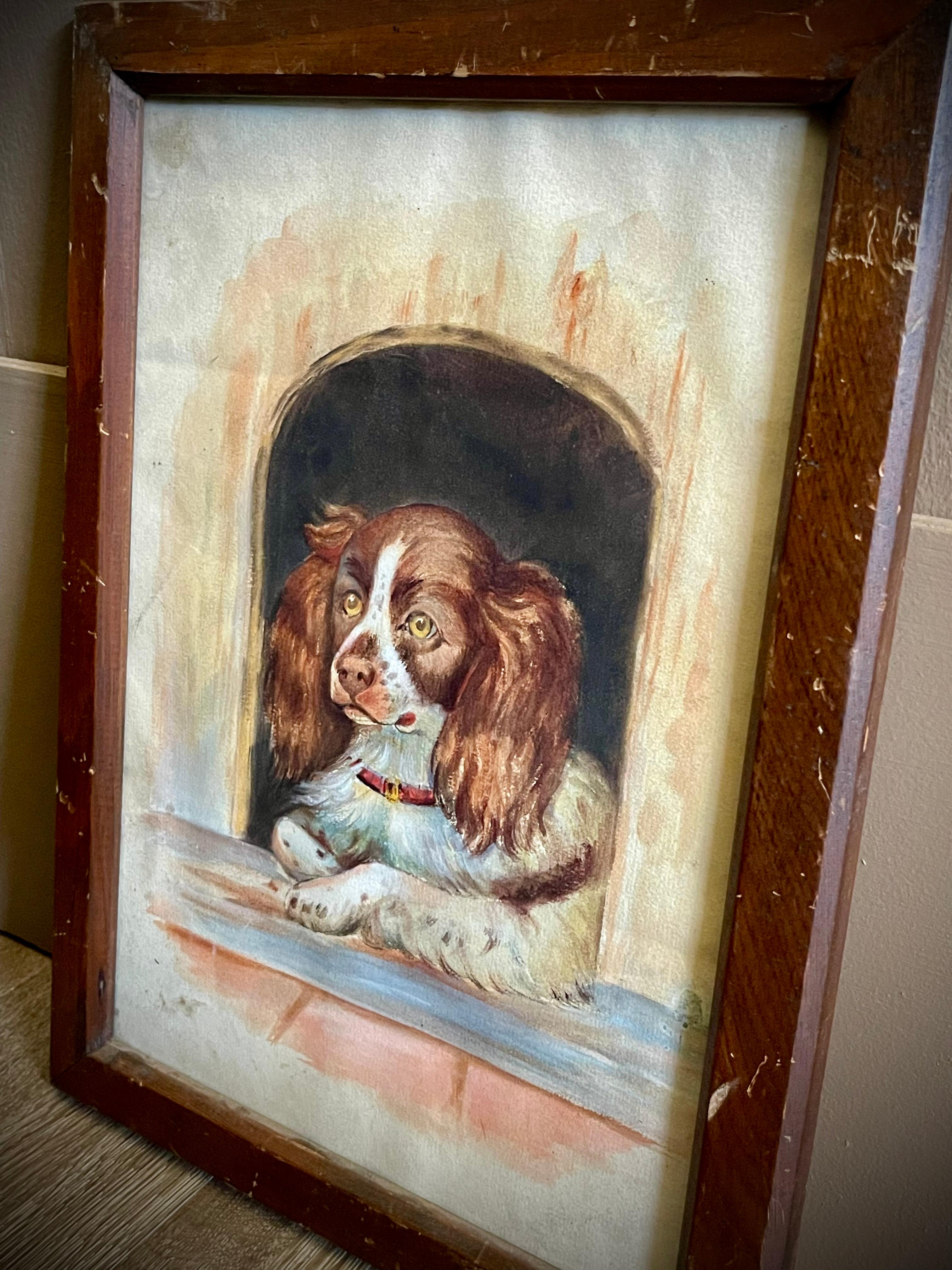 Discover the timeless charm of a 19th-century watercolor portrait capturing the beloved spaniel nestled within his cozy dog house. With delicate brushstrokes, the artist brings to life the gentle expression of the loyal canine, his soulful eyes