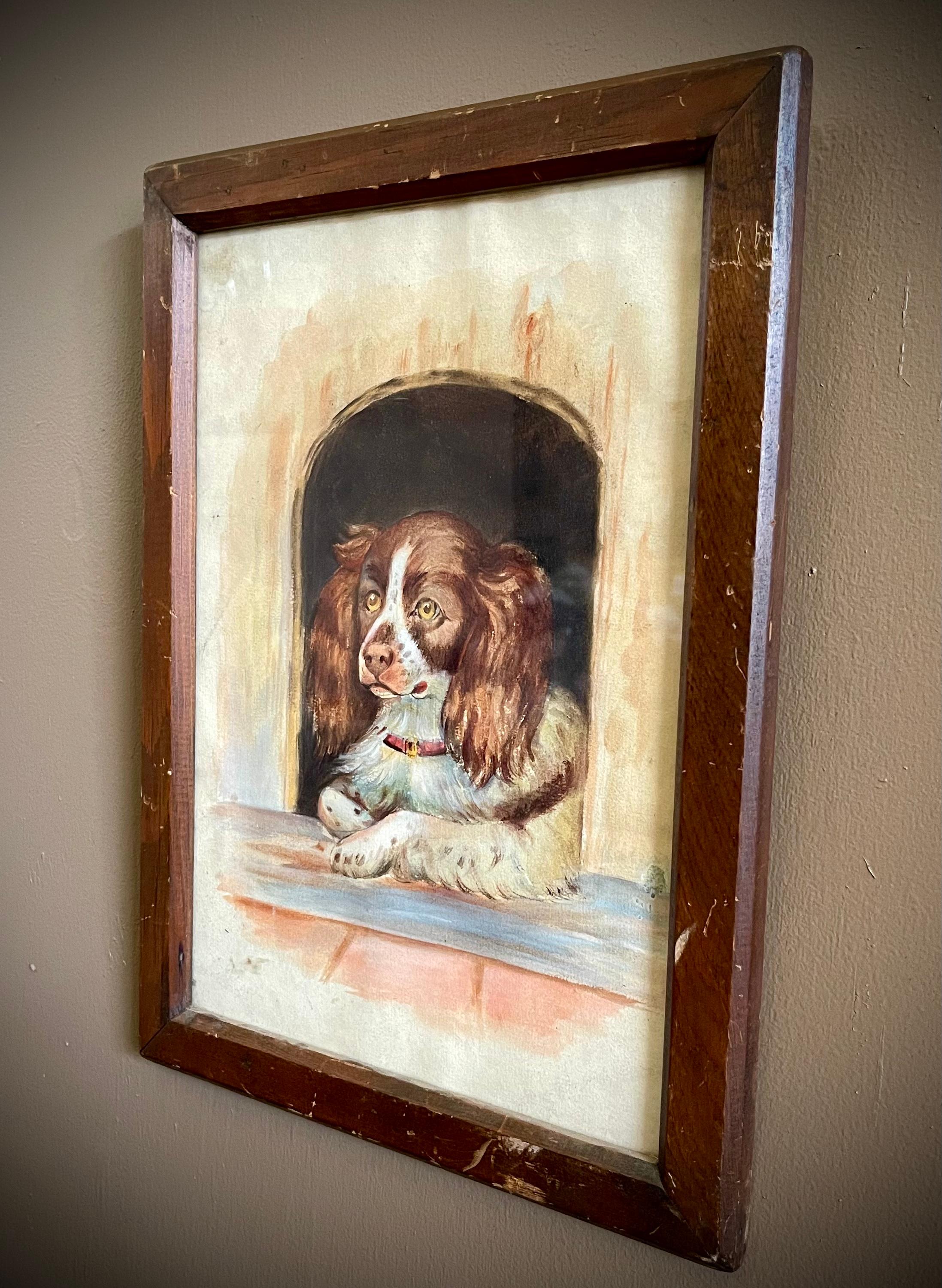 Brushed Antique 19th Century Watercolor Spaniel Dog For Sale