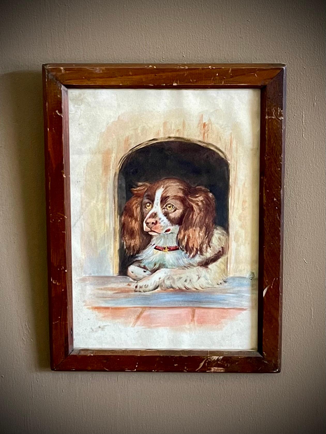 Antique 19th Century Watercolor Spaniel Dog In Good Condition For Sale In Mckinney, TX