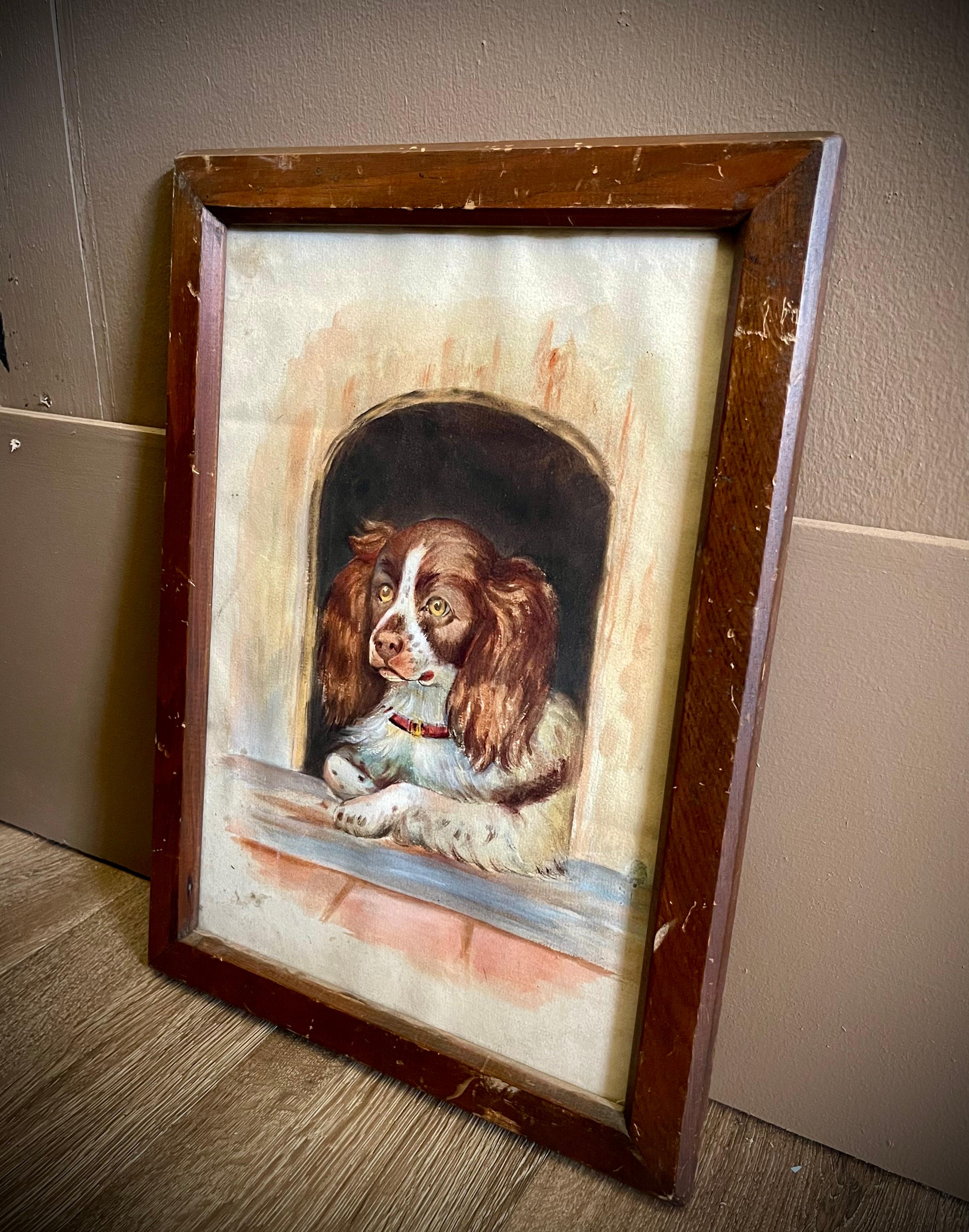 Paper Antique 19th Century Watercolor Spaniel Dog For Sale