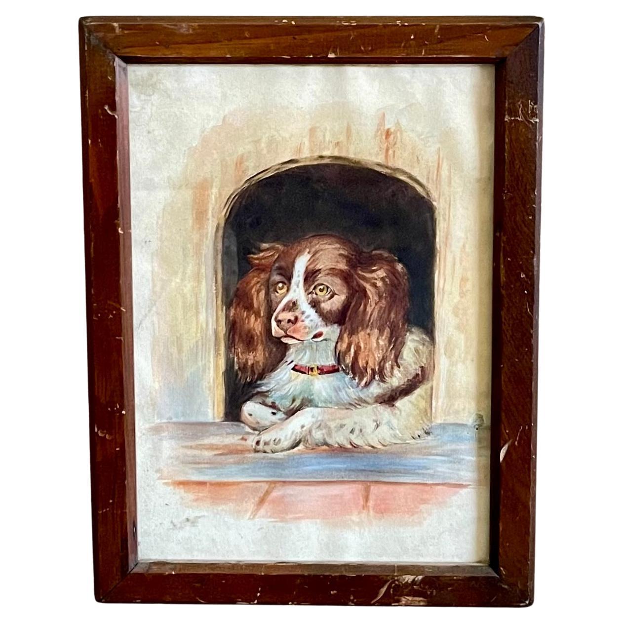 Antique 19th Century Watercolor Spaniel Dog For Sale
