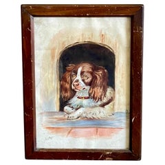 Antique 19th Century Watercolor Spaniel Dog