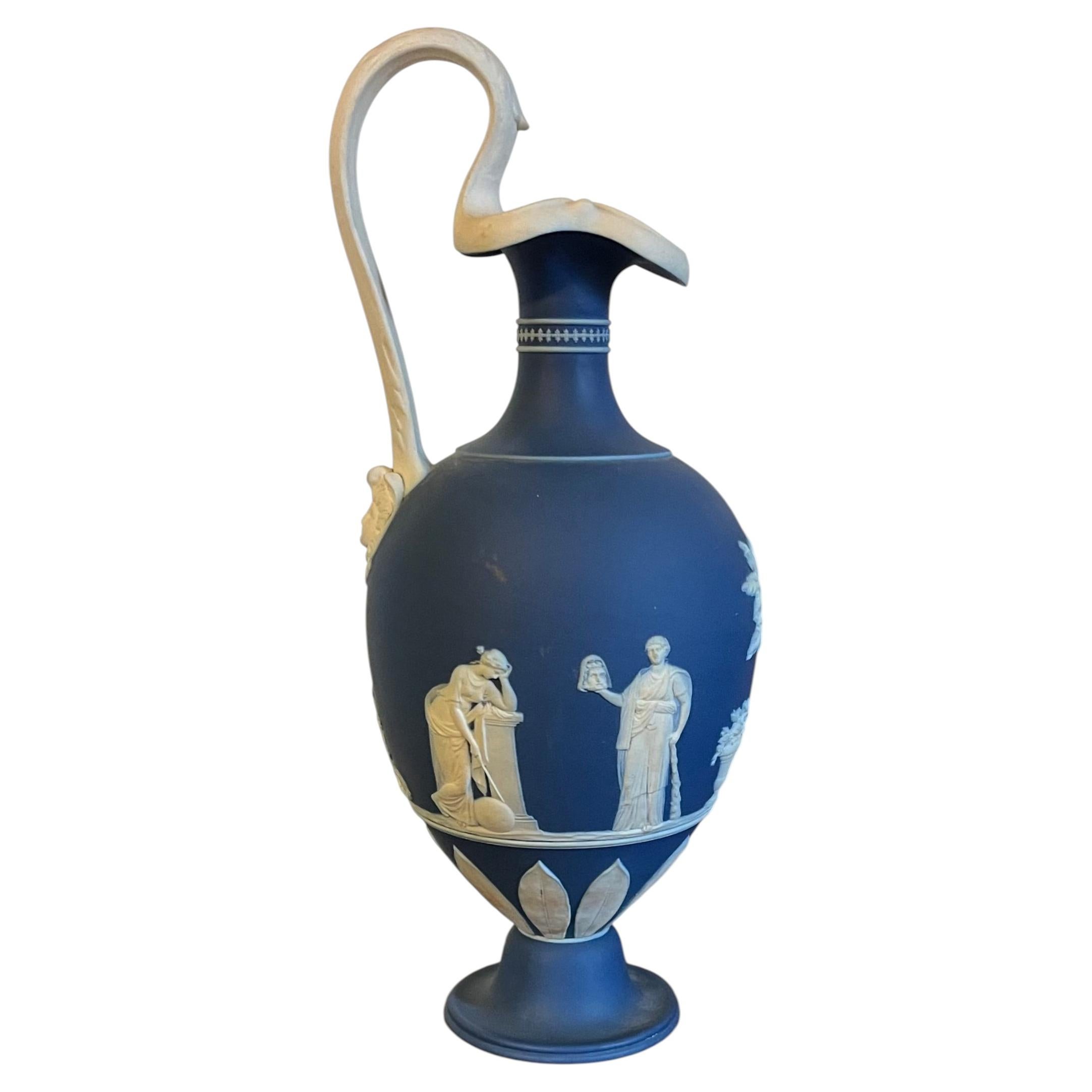 Antique 19th Century Wedgwood Dark Blue Jasperware Oinoche Vase, Urn or Ewer
