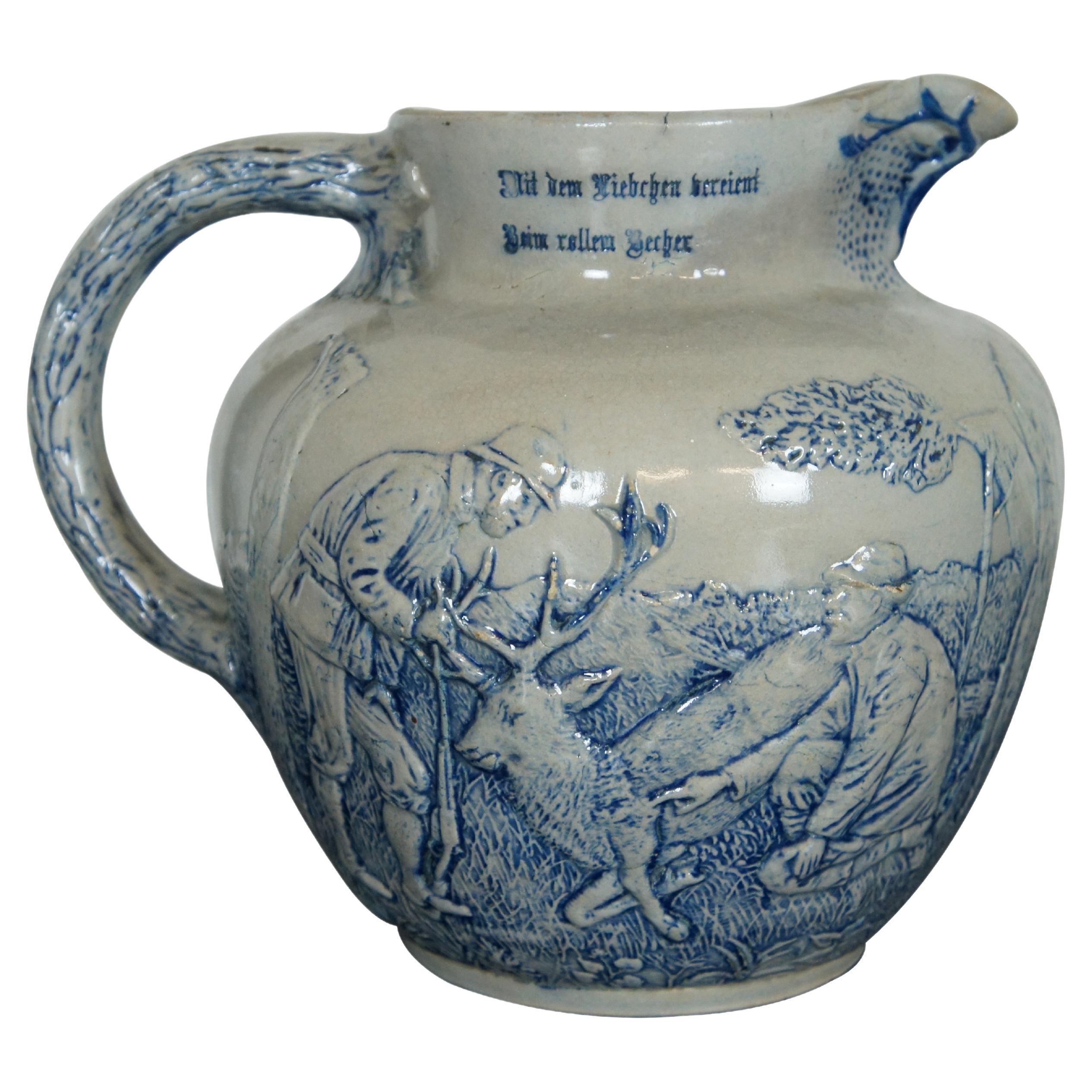Antique 19ème siècle Whites Utica Stoneware Salt Glaze Stag Hunt Pitcher Ewer 9"