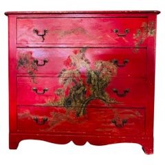 Antique 19th Century Wood Chest of Drawers with Handpainted Chinois Motif