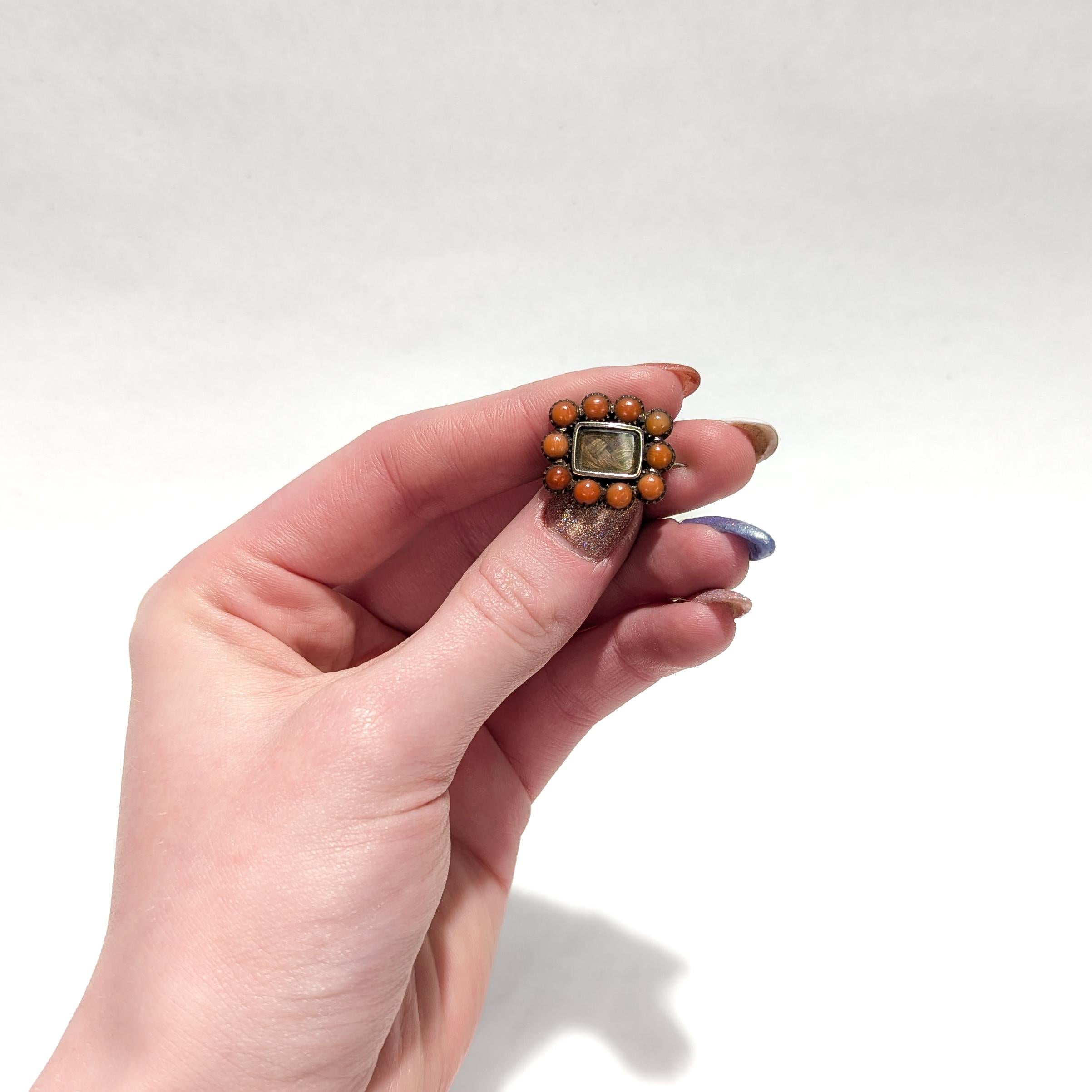 Antique 19th Century Woven Hair Art Gold-Filled Brooch with Coral Cabochons For Sale 4