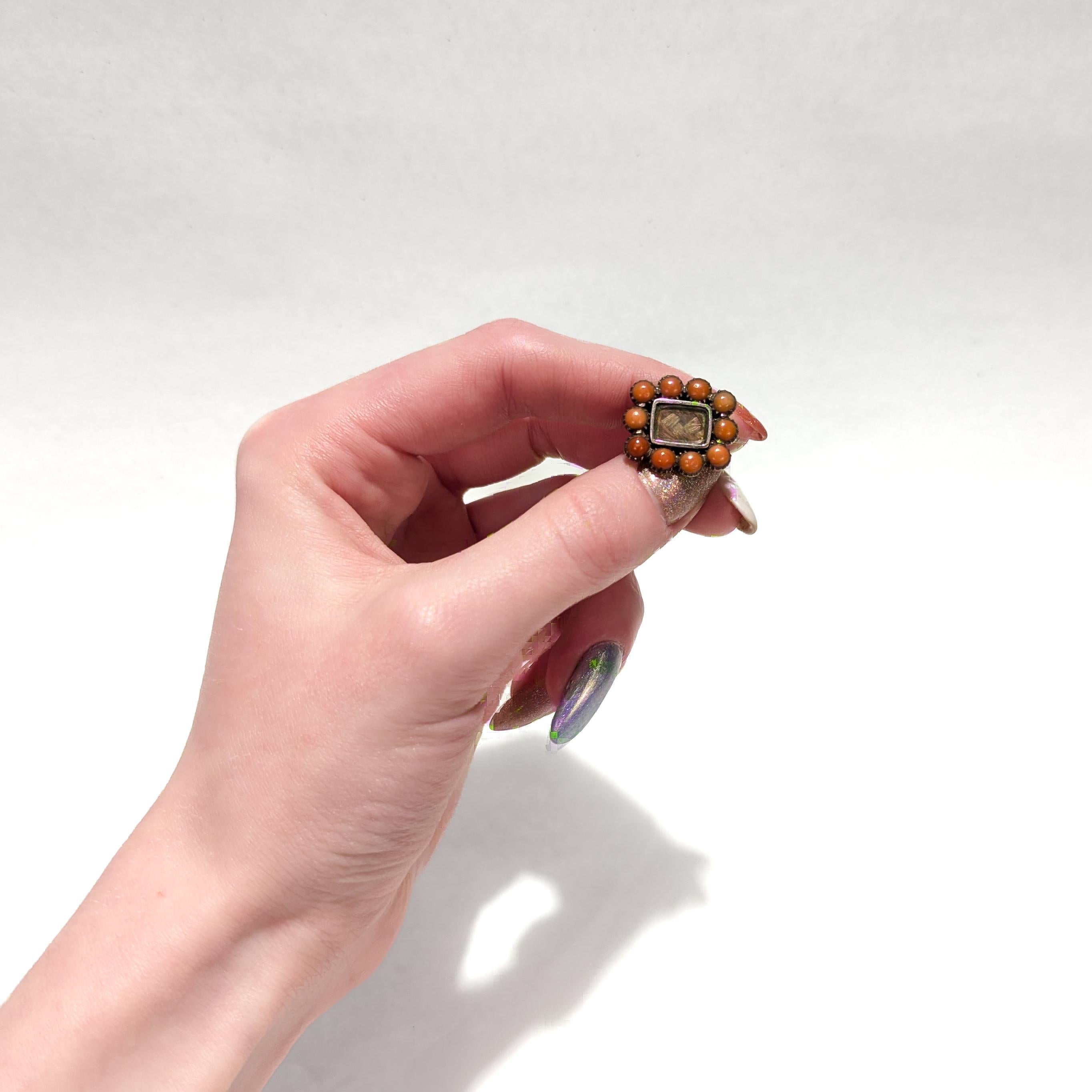 Antique 19th Century Woven Hair Art Gold-Filled Brooch with Coral Cabochons For Sale 5