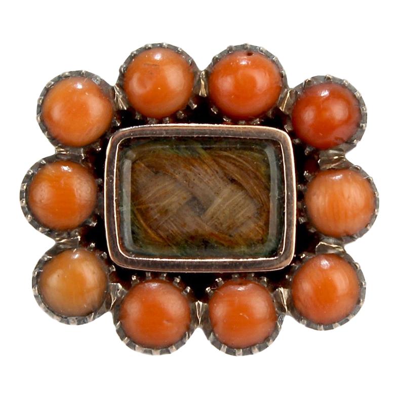 Antique 19th Century Woven Hair Art Gold-Filled Brooch with Coral Cabochons For Sale