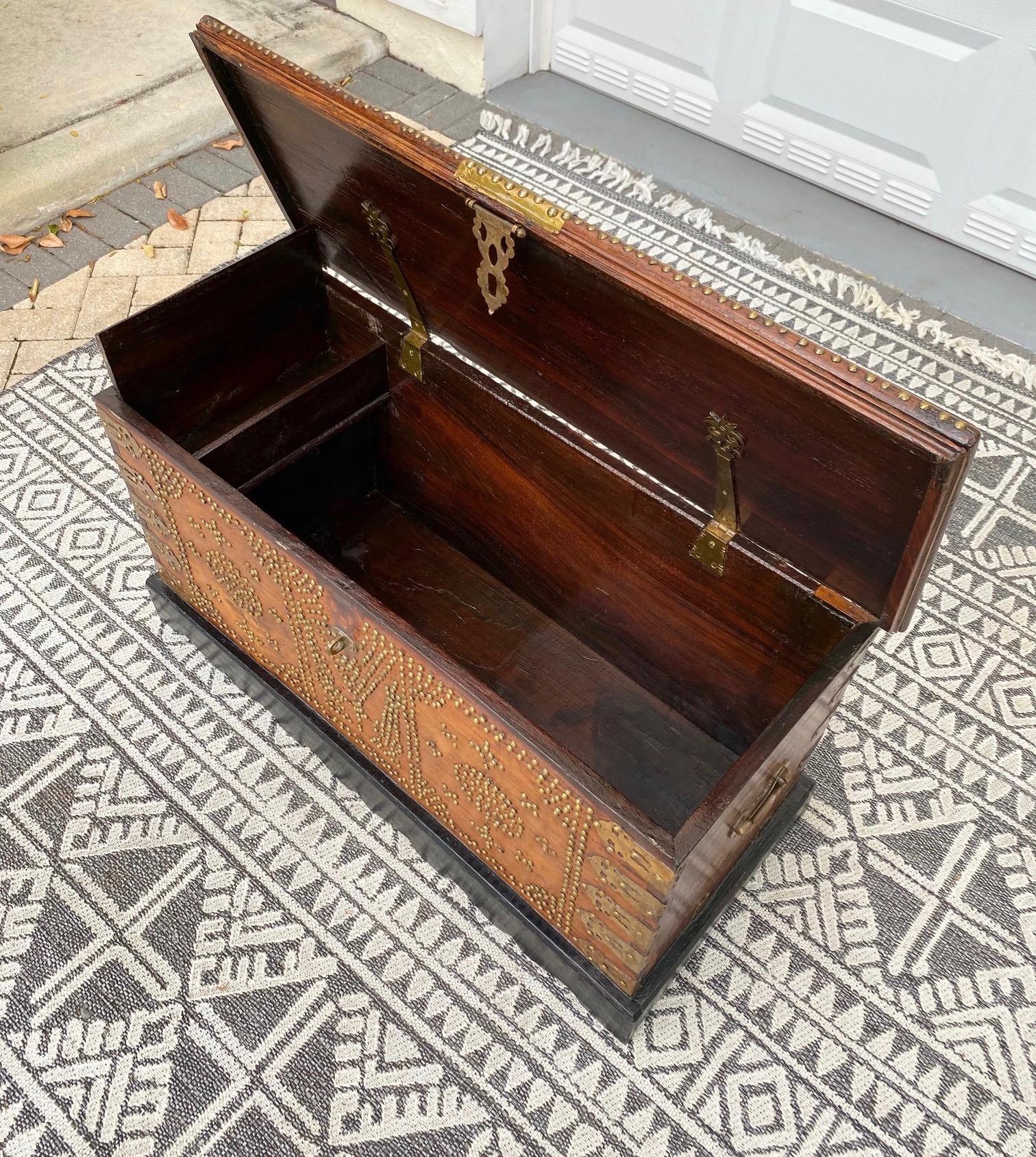 Antique Zanzibar Chest in Teak Wood with Brass Overlay and Studs For Sale 2