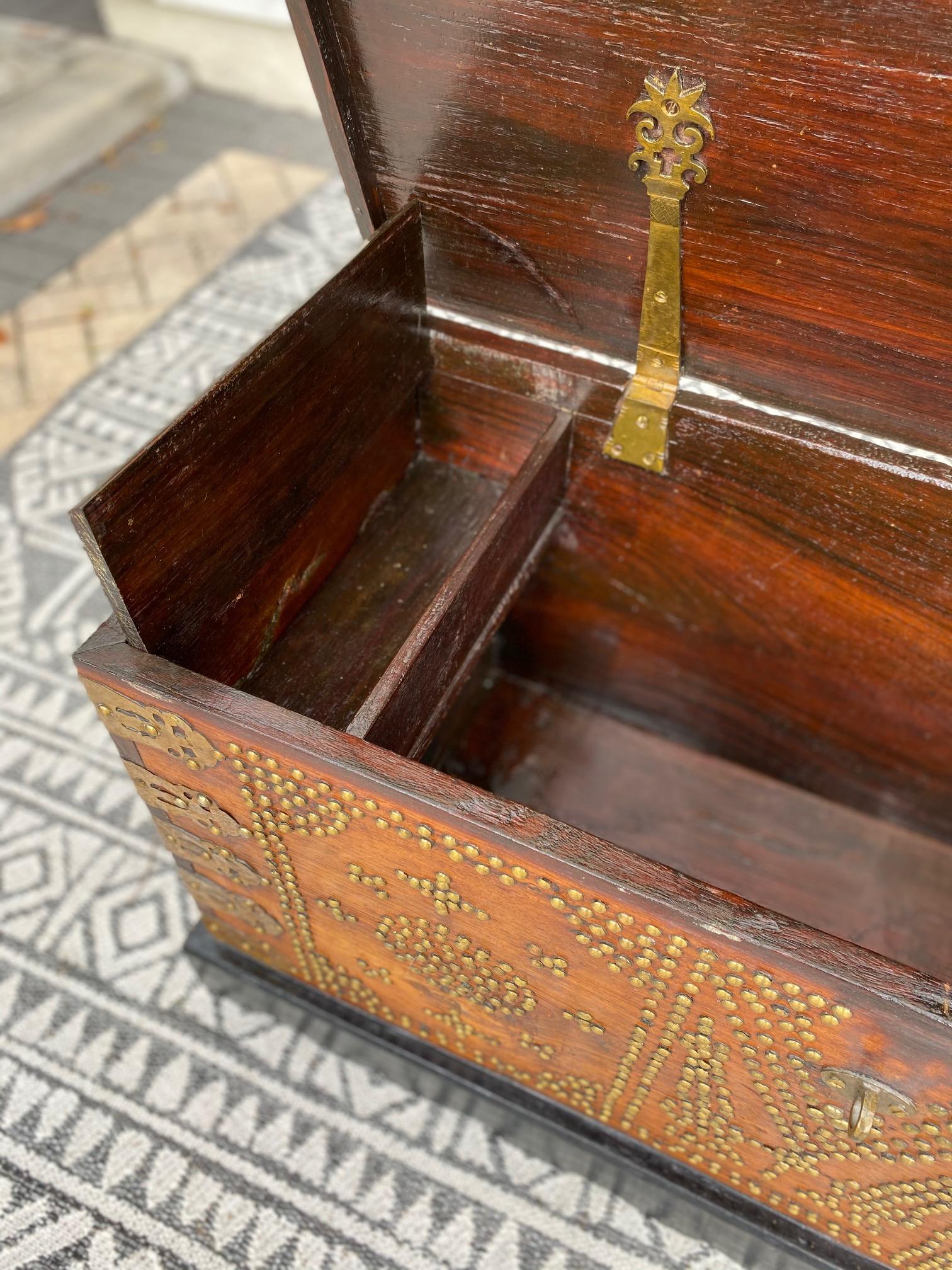 Antique Zanzibar Chest in Teak Wood with Brass Overlay and Studs For Sale 3
