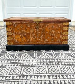 Antique Zanzibar Chest in Teak Wood with Brass Overlay and Studs