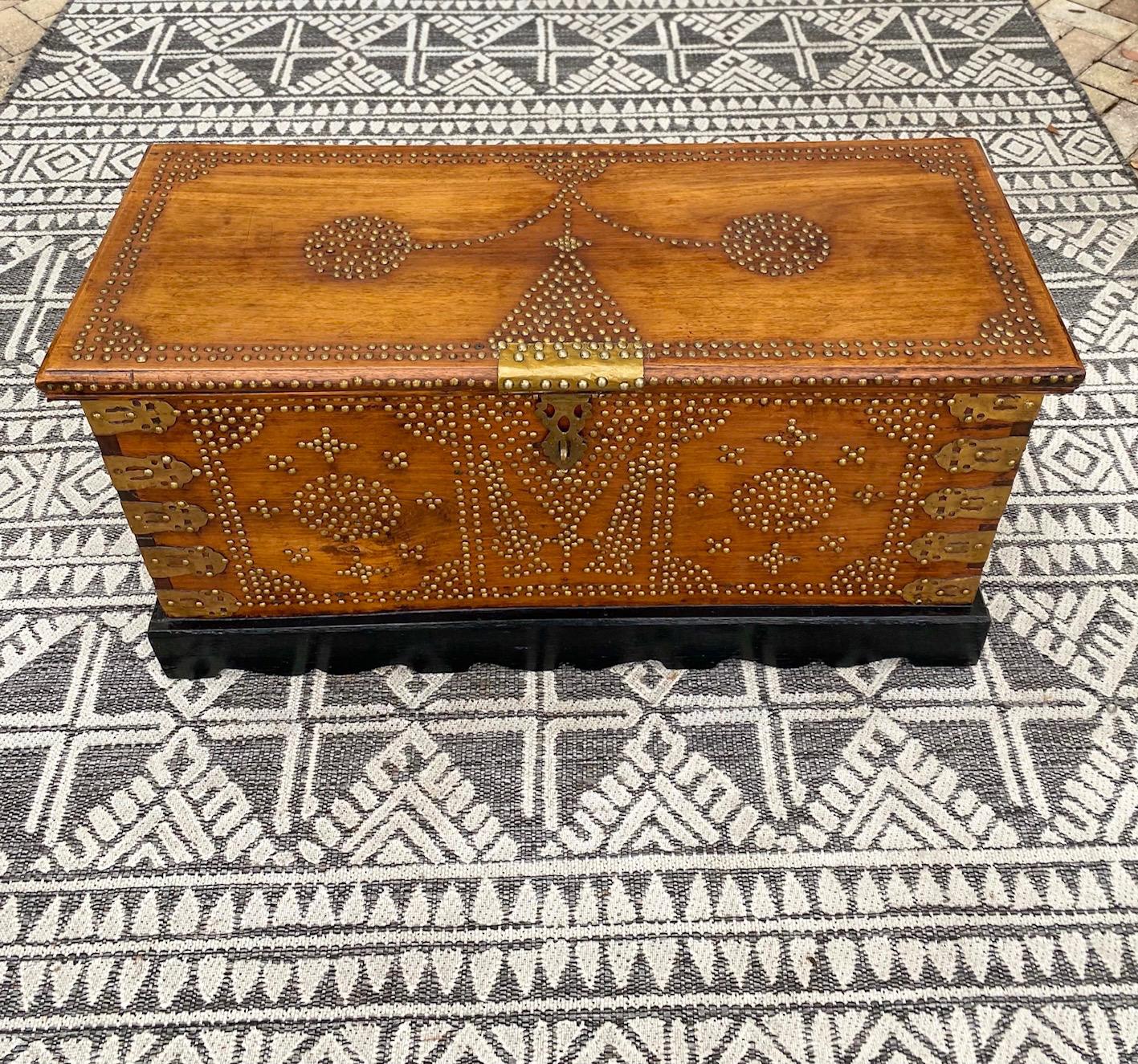 Tribal Antique Zanzibar Chest in Teak Wood with Brass Overlay and Studs For Sale