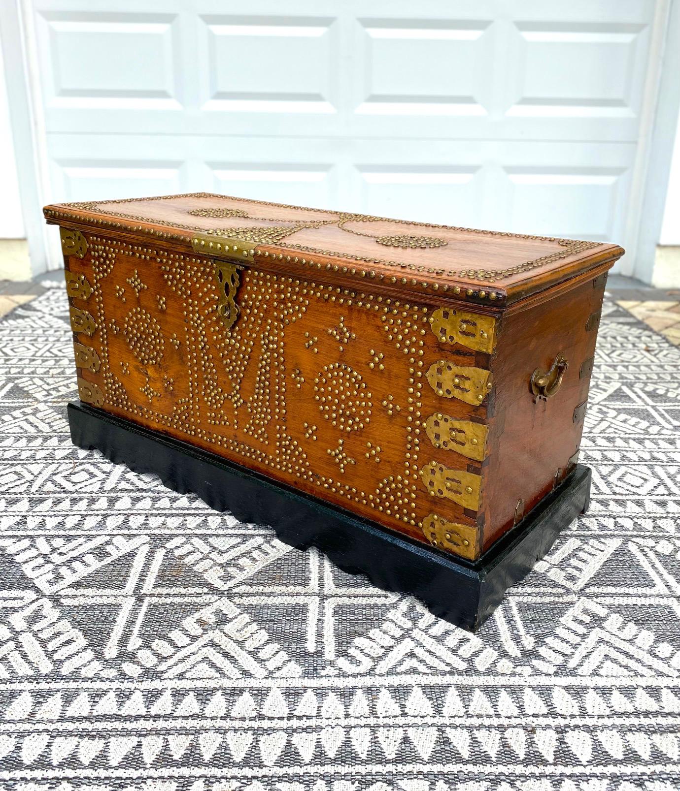 Tanzanian Antique Zanzibar Chest in Teak Wood with Brass Overlay and Studs For Sale