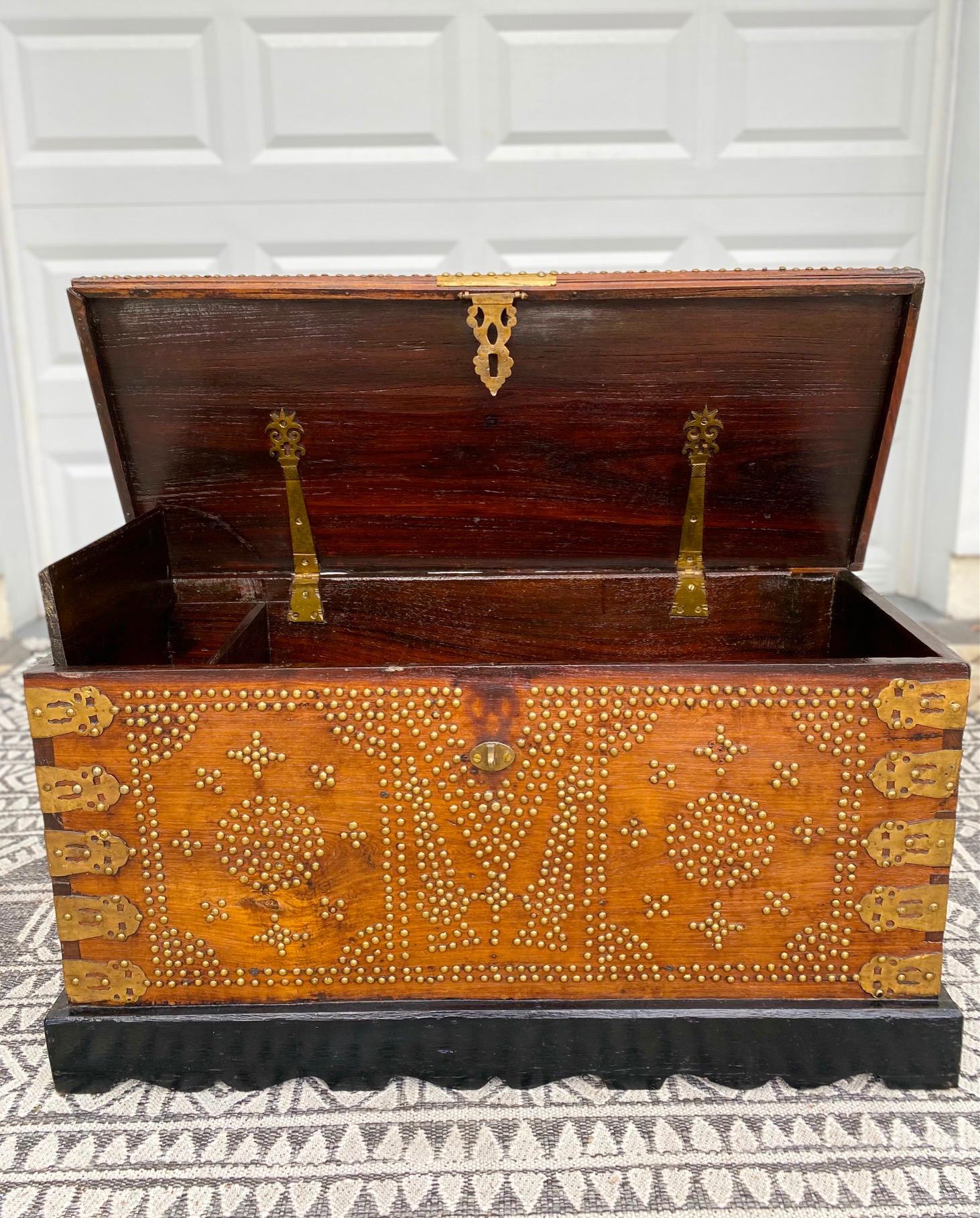 Tanzanian Antique Zanzibar Chest in Teak Wood with Brass Overlay and Studs For Sale