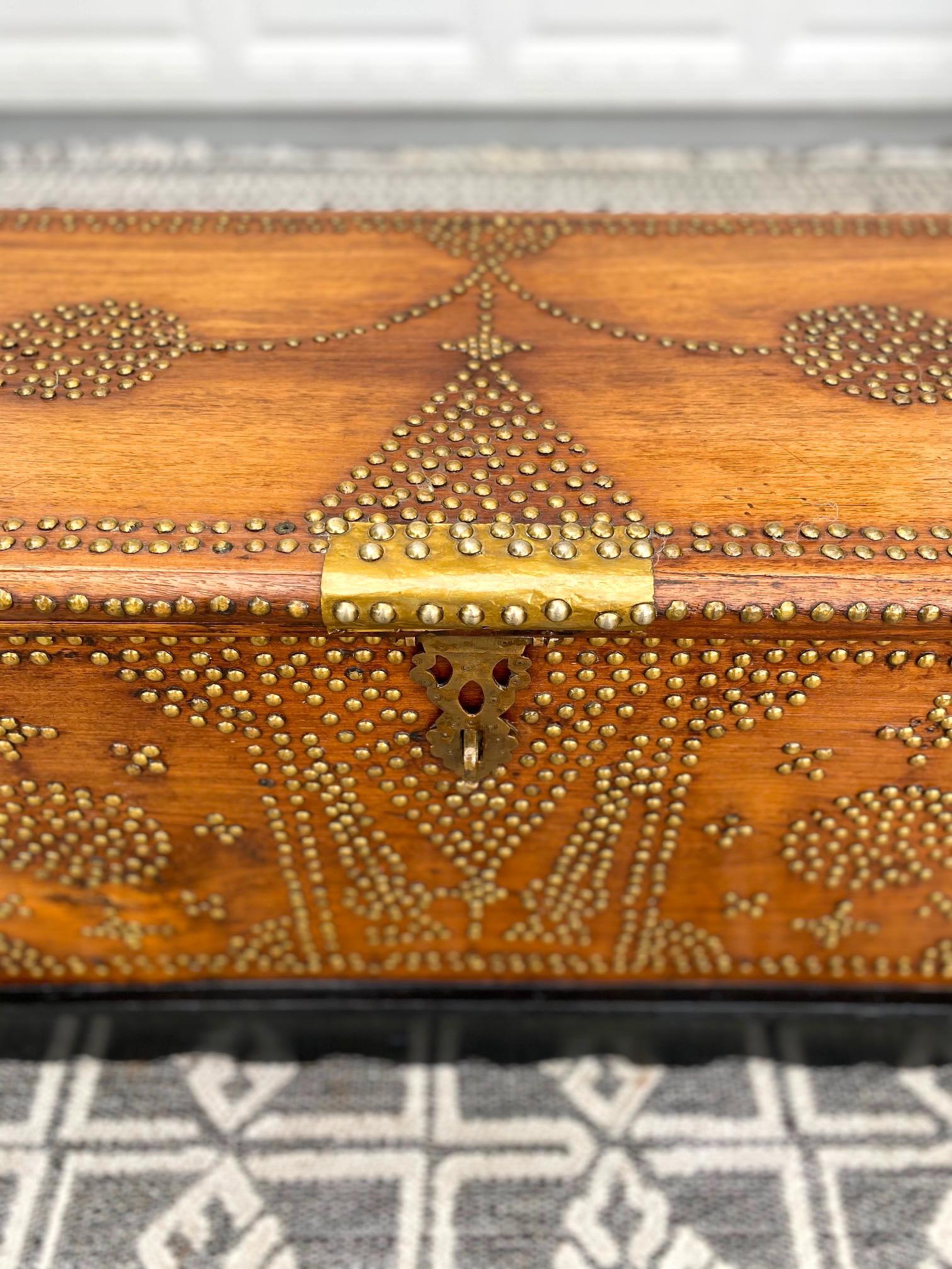 20th Century Antique Zanzibar Chest in Teak Wood with Brass Overlay and Studs For Sale