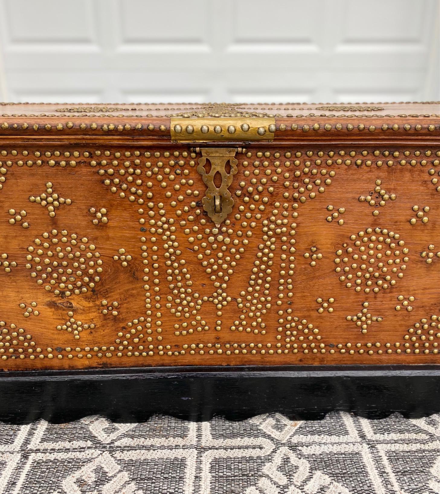 Antique Zanzibar Chest in Teak Wood with Brass Overlay and Studs For Sale 1