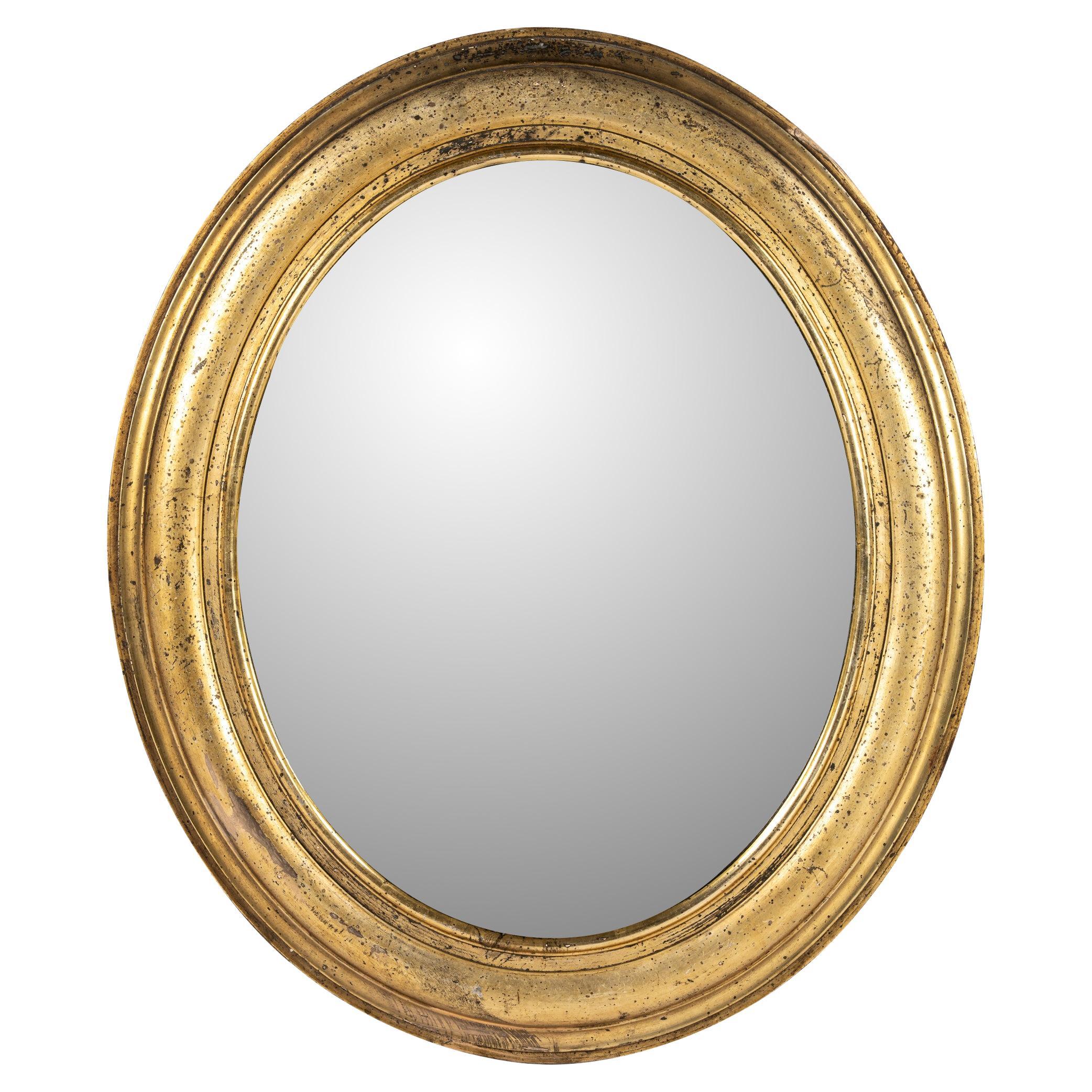 Antique 19th ct small french Louis Philippe oval silver leaf gilt gold mirror For Sale