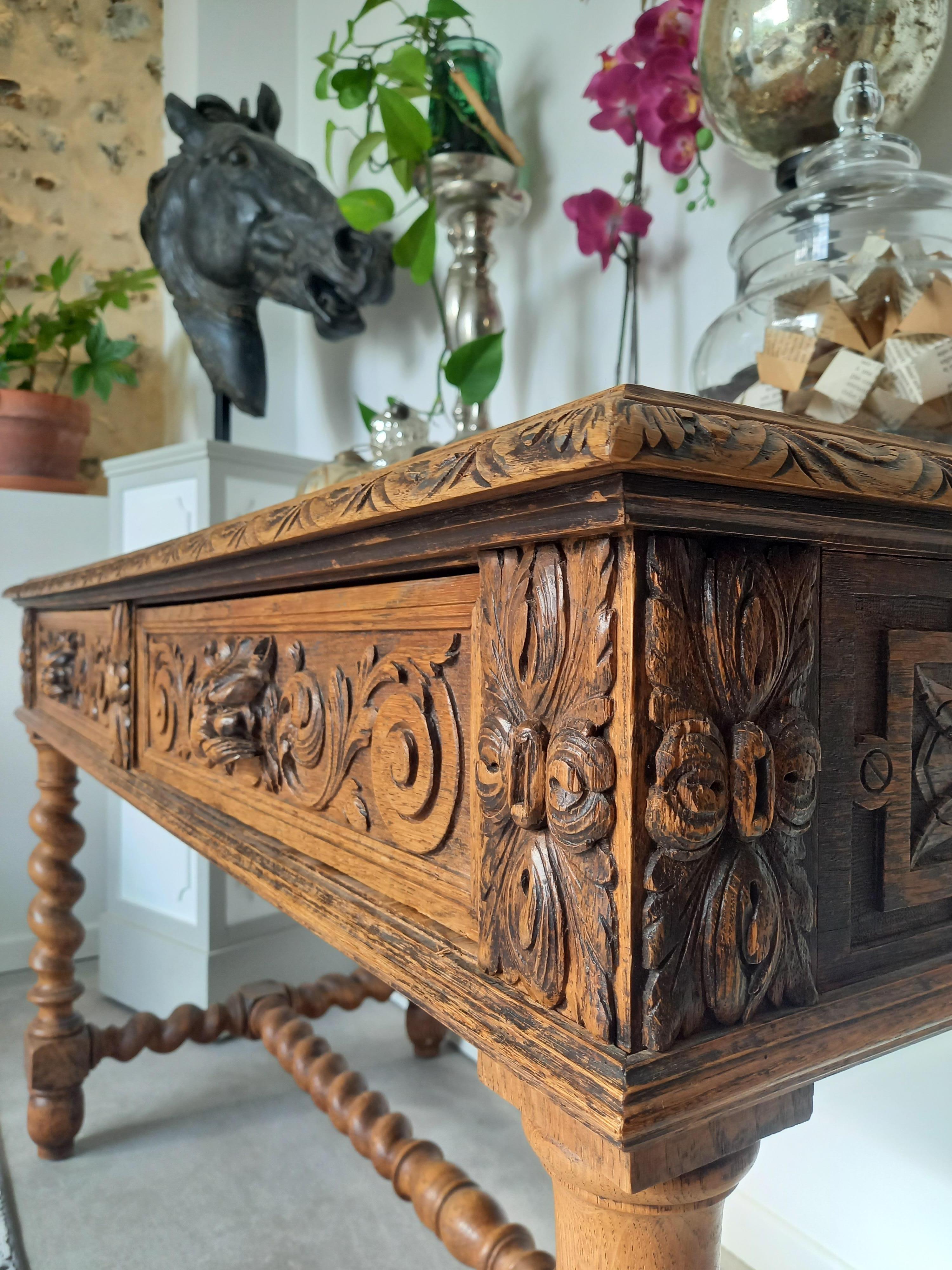 Antique 19th French Louis XIII Renaissance Oak Sculpted Table Console Desk For Sale 6