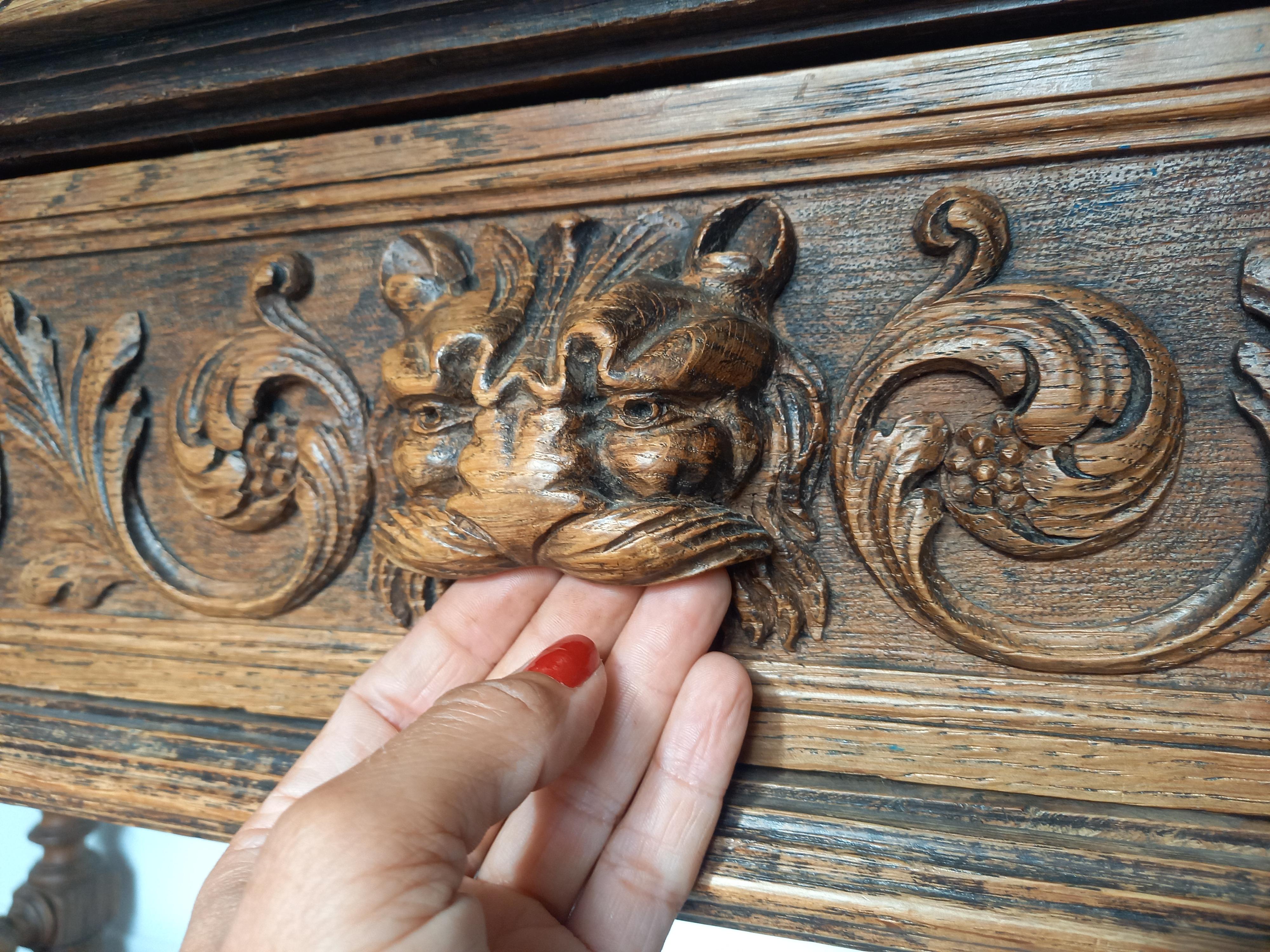 19th Century Antique 19th French Louis XIII Renaissance Oak Sculpted Table Console Desk For Sale