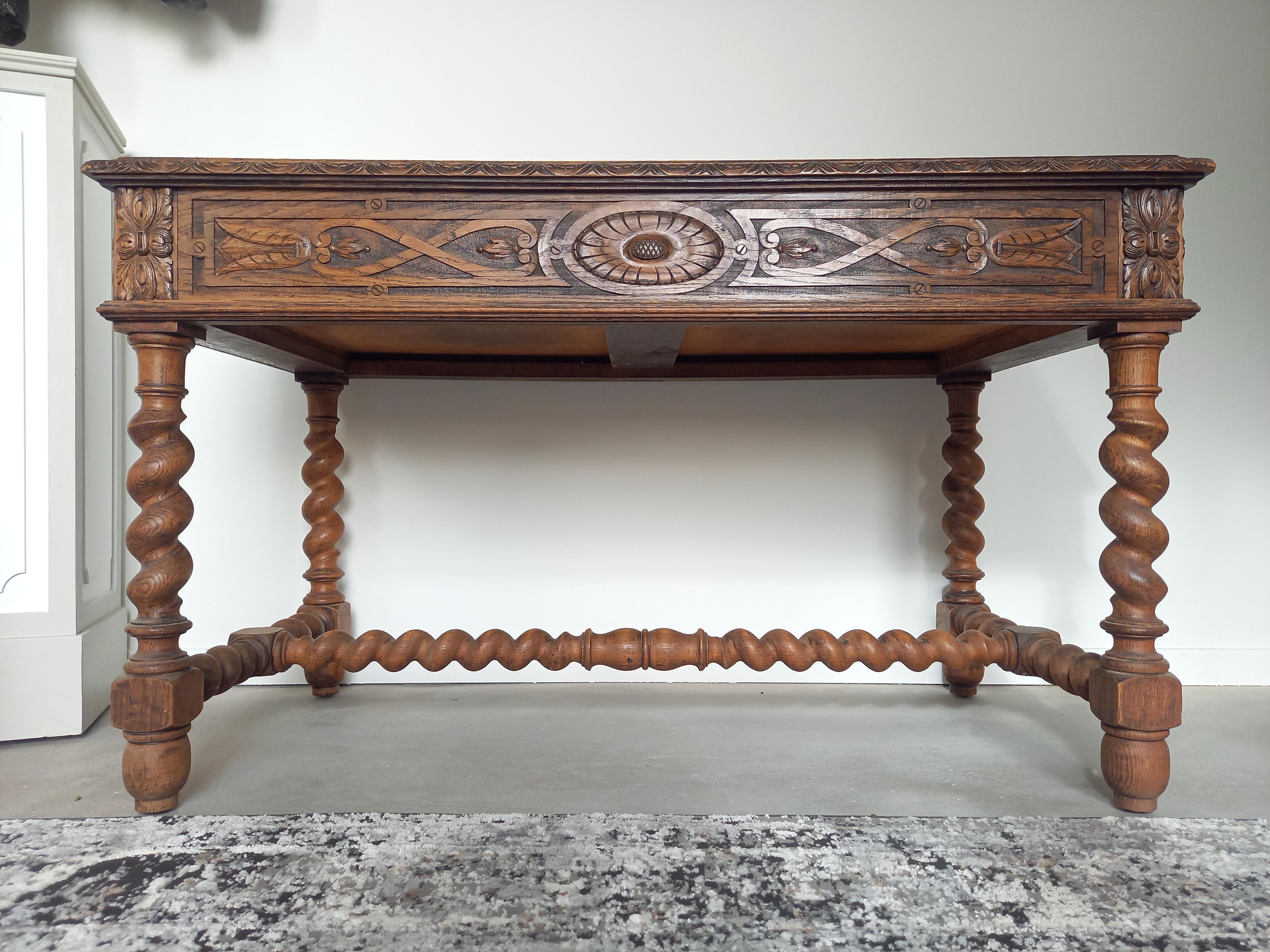 Antique 19th French Louis XIII Renaissance Oak Sculpted Table Console Desk For Sale 1