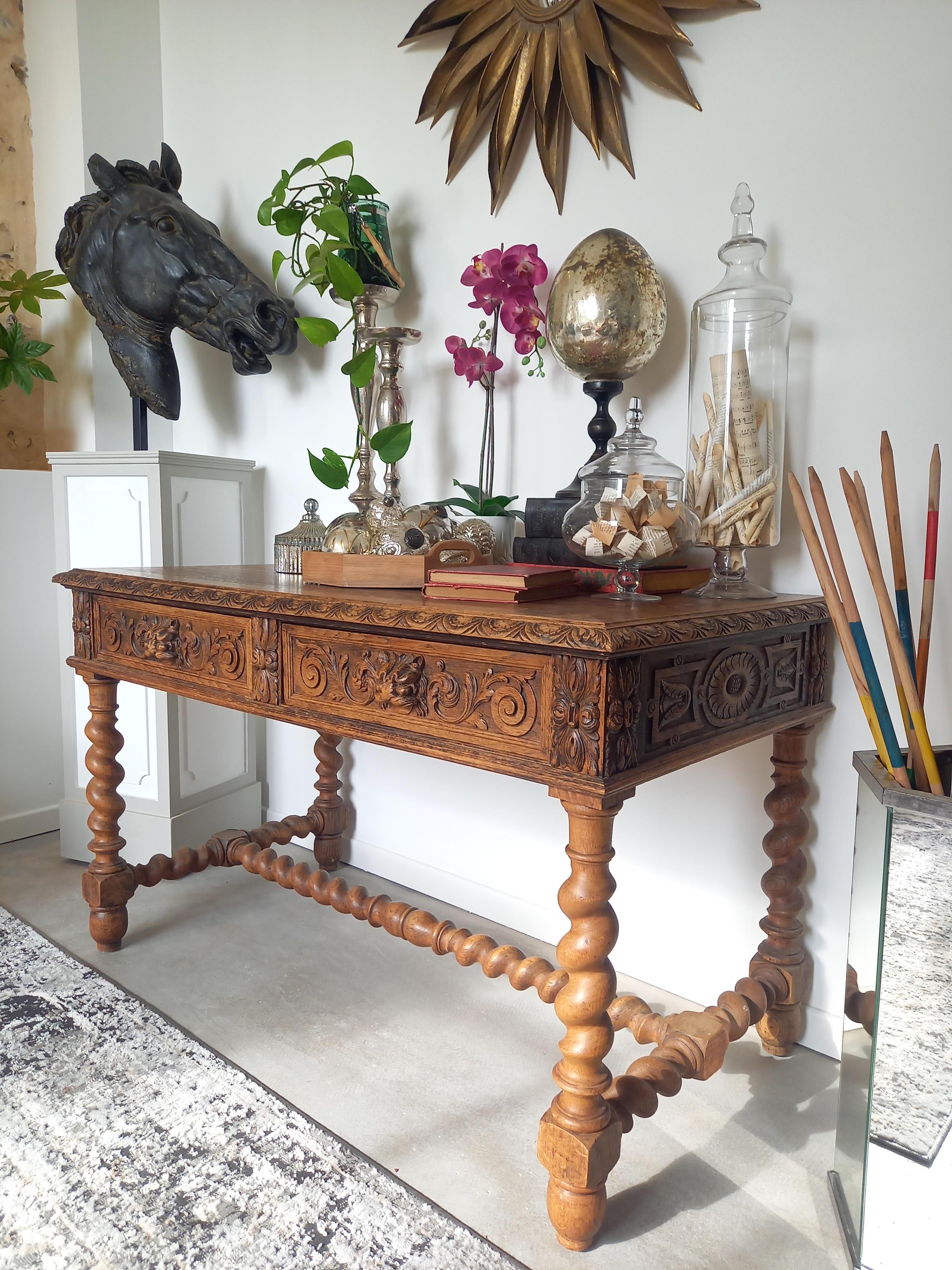 Antique 19th French Louis XIII Renaissance Oak Sculpted Table Console Desk For Sale 4