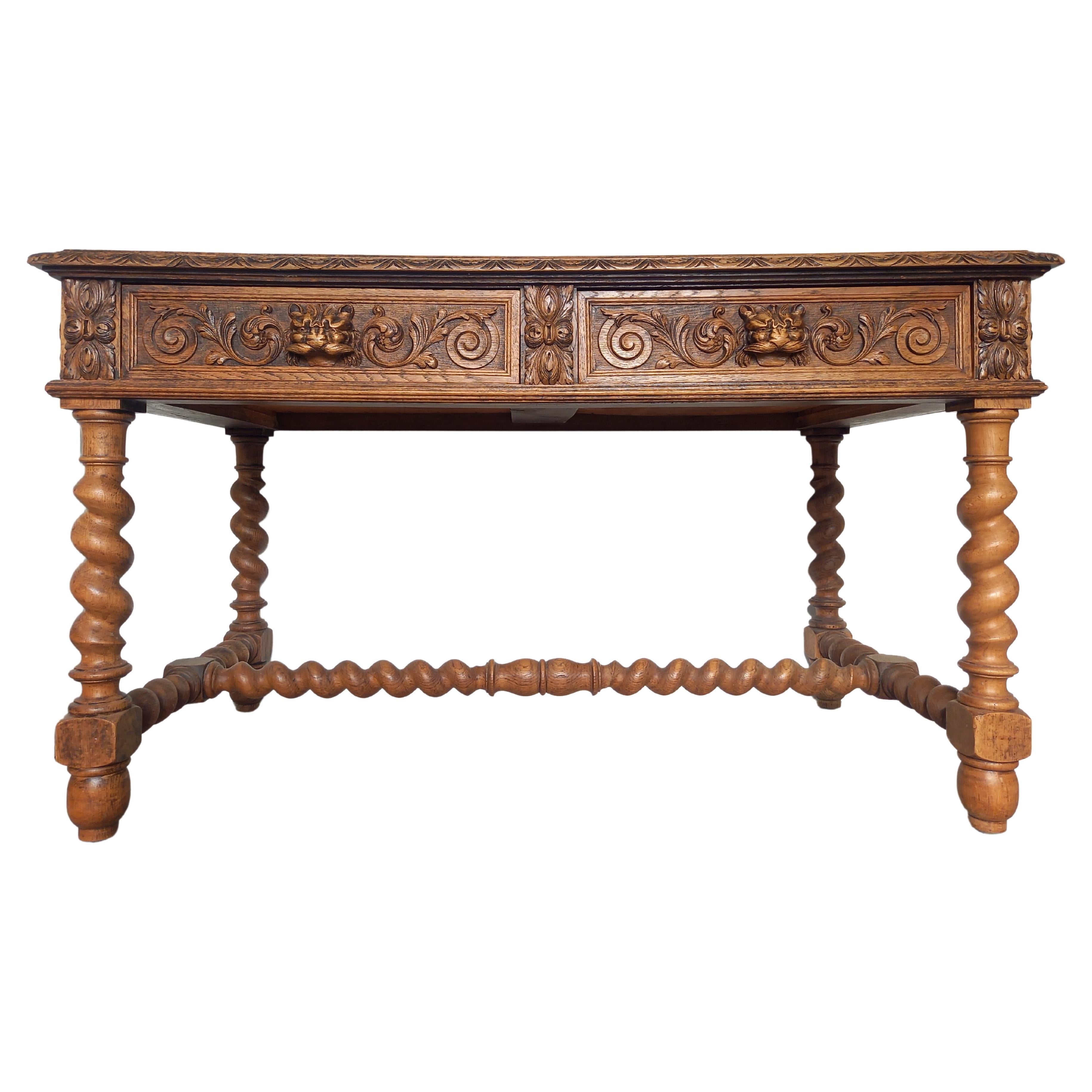 Antique 19th French Louis XIII Renaissance Oak Sculpted Table Console Desk For Sale