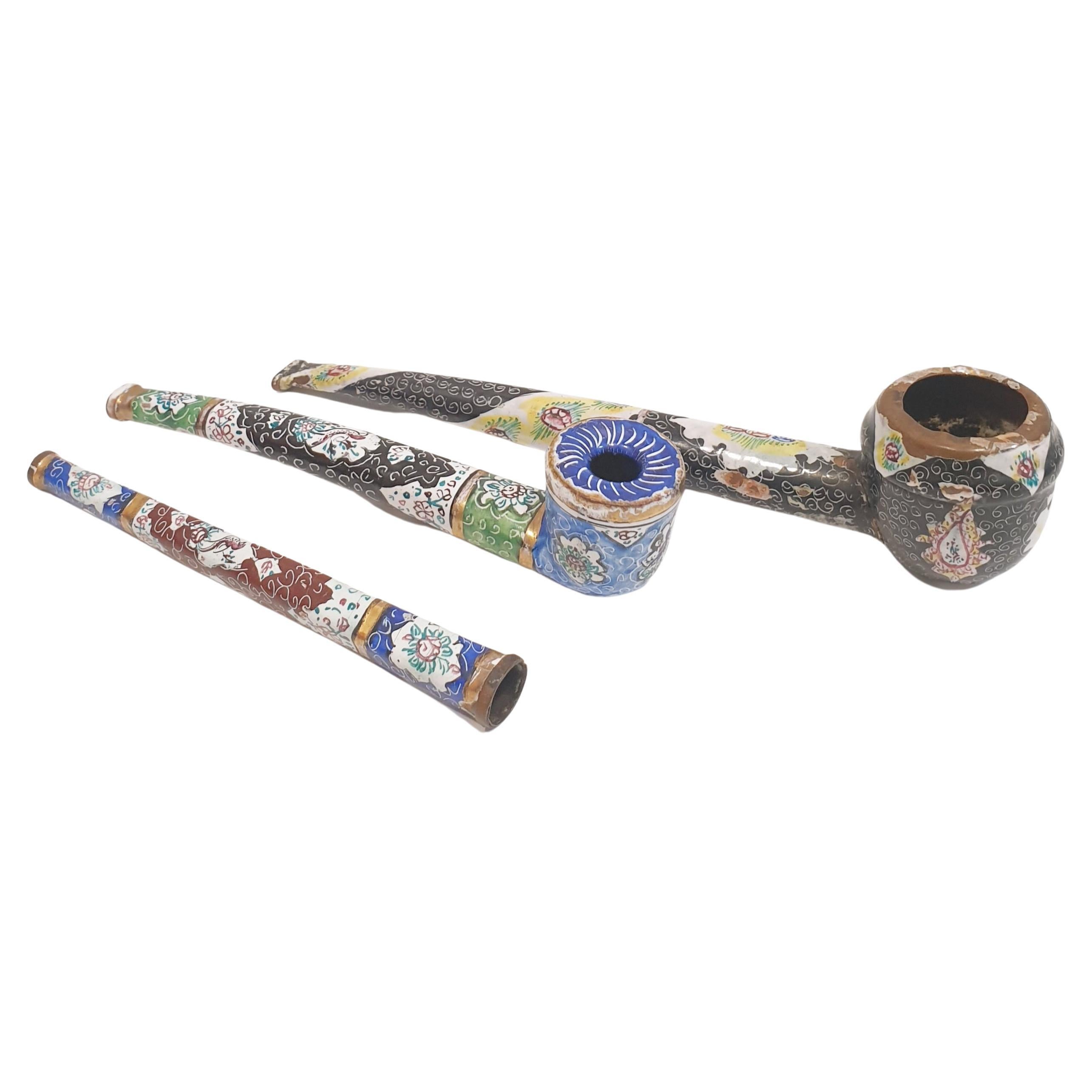 Antique 19th Hand Painted Enamel Pipes and cigar holder