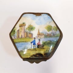Antique Hand Painted Box in Pink enamel with Promenade Scene