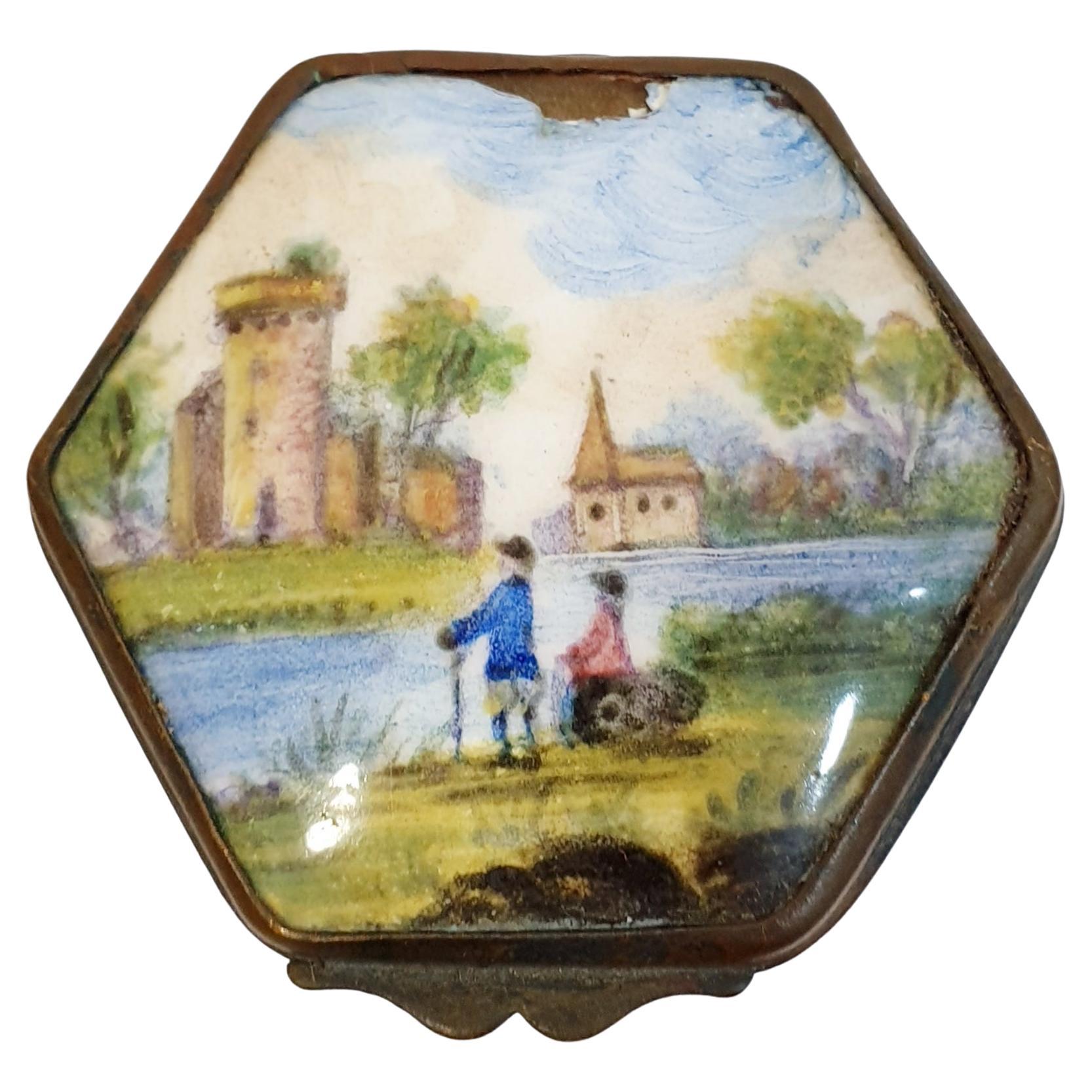 Antique Hand Painted Box in Pink enamel with Promenade Scene For Sale