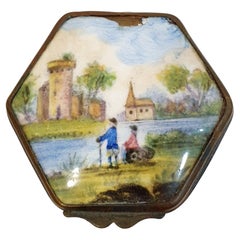 Antique Hand Painted Box in Pink enamel with Promenade Scene