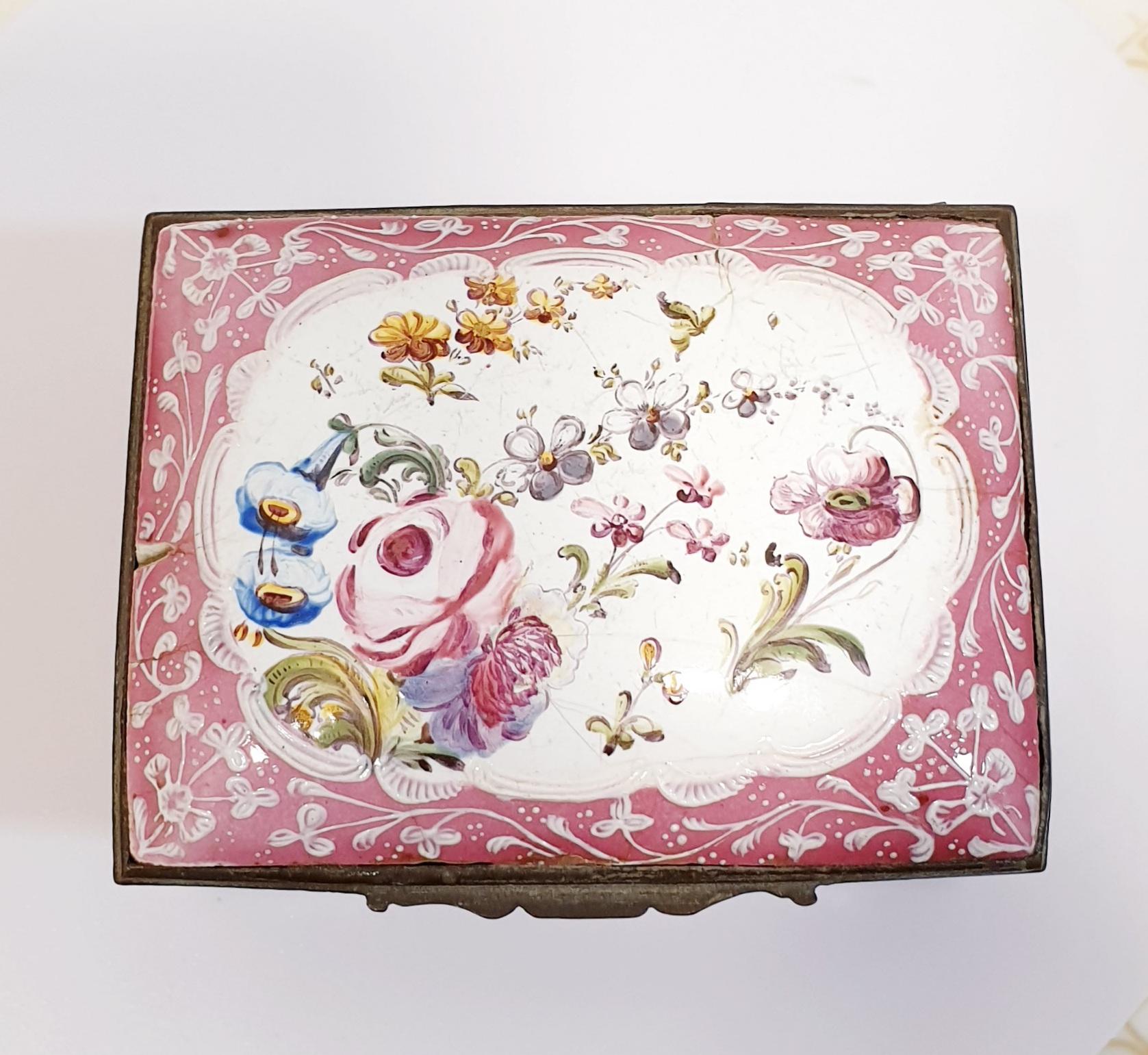 Romantic Antique 19th Enamel Box Hand Painted Pink  with Flowers For Sale