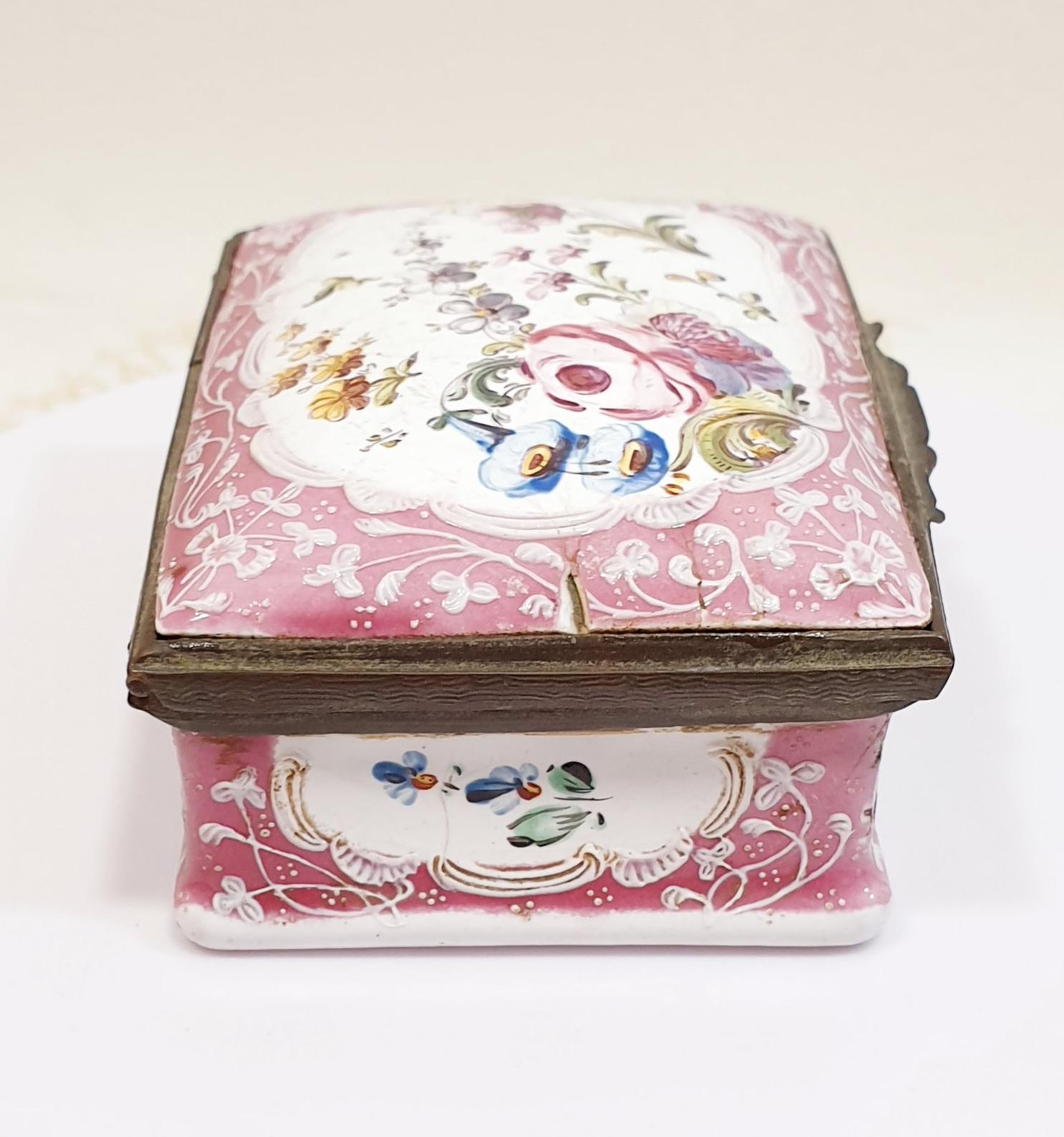 French Antique 19th Enamel Box Hand Painted Pink  with Flowers For Sale