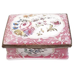 Antique 19th Enamel Box Hand Painted Pink  with Flowers